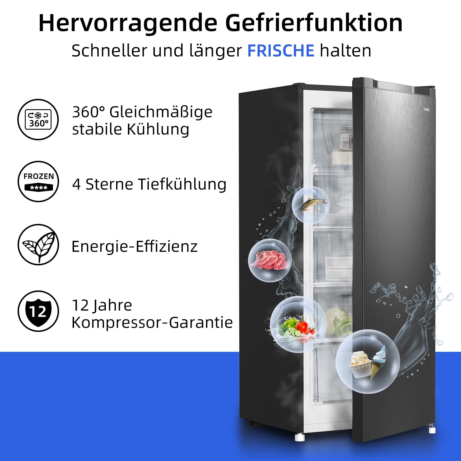 Gefrierschrank 145 L mit wechselbarem Türanschlag, 4-Sterne-Gefrieren, Modell FSD160D4E, schwarz