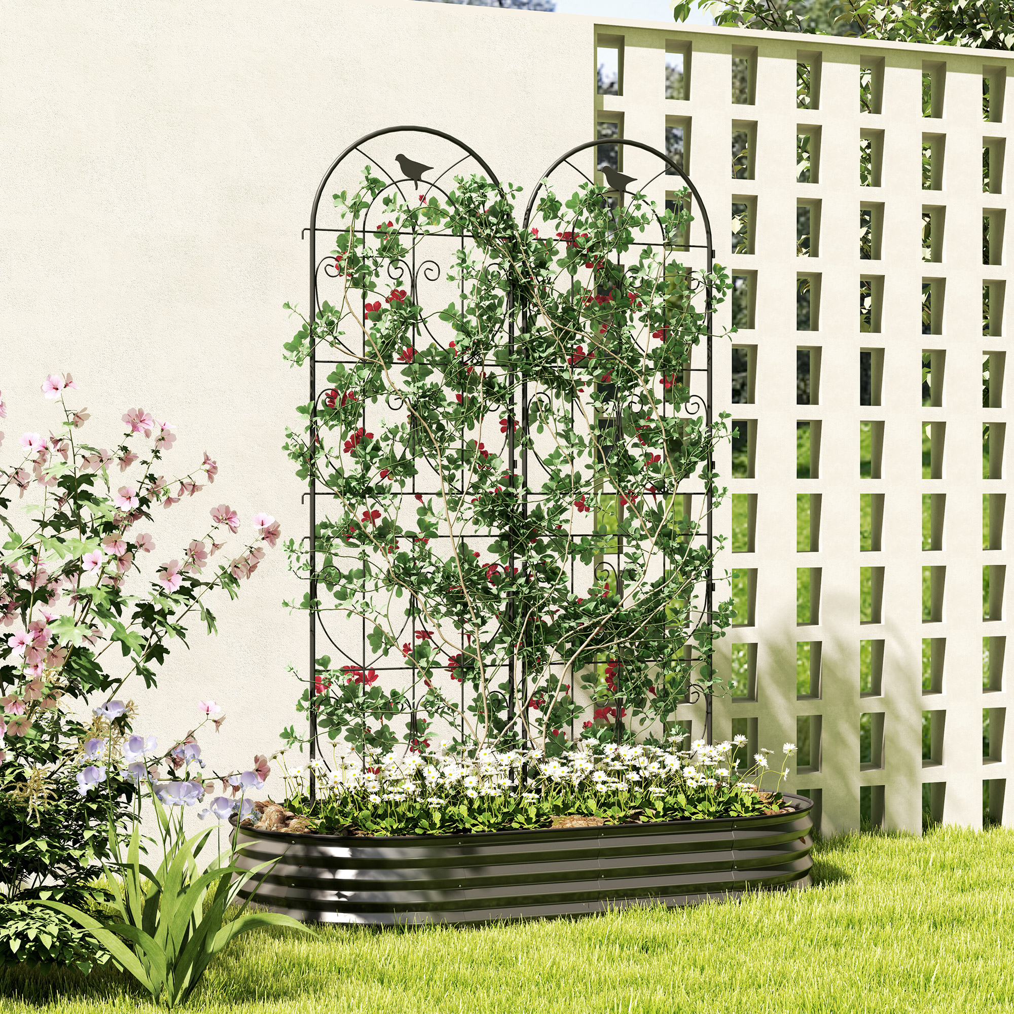 Outsunny Pflanzenstütze mit Vögeln, 2er-Pack Rankgitter für Gemüse Rebe Blume aus Metall 50 x 180 cm Schwarz
