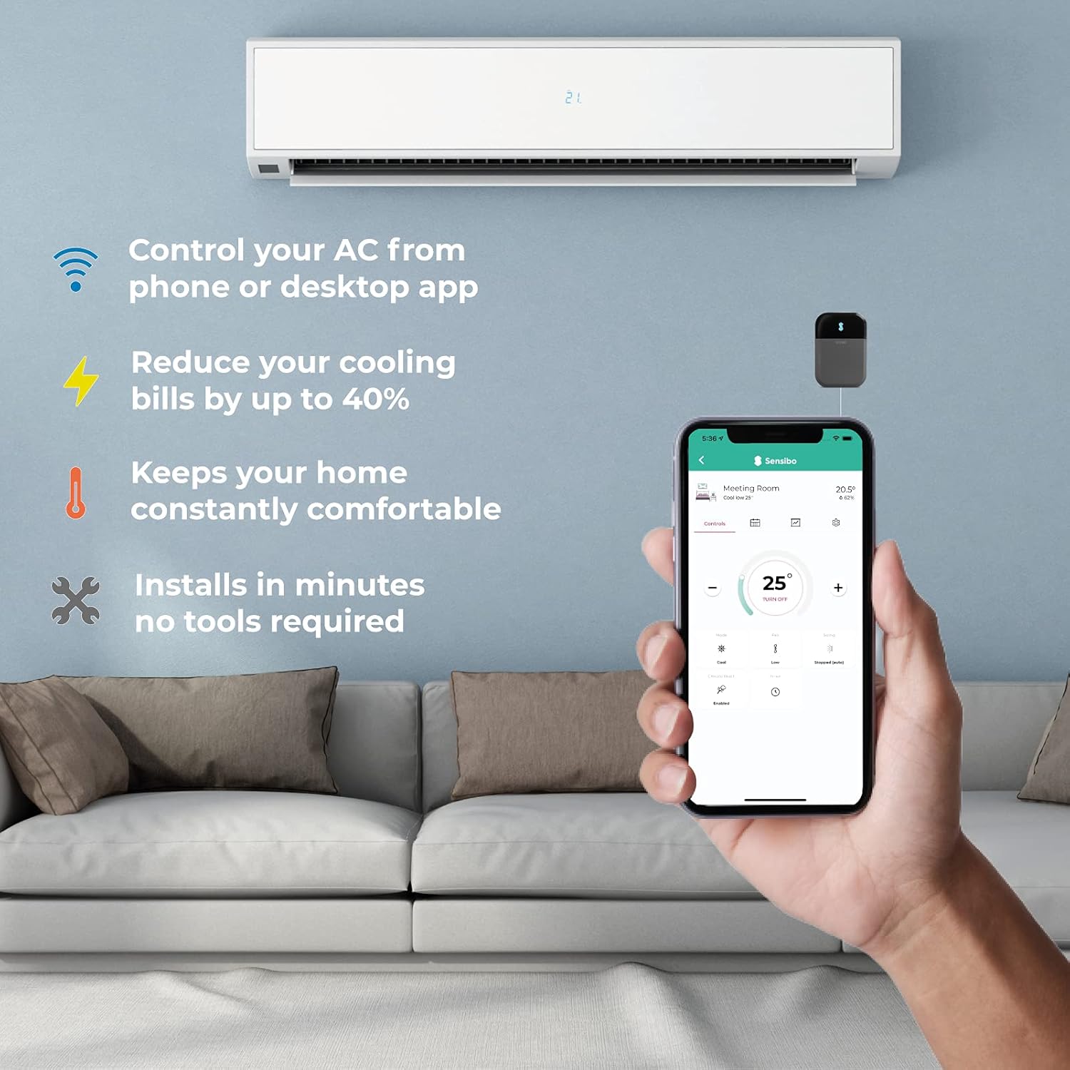 Sensibo Sky, kabellose  e Steuerung für Klimaanlagen. Schnelle & einfache DIY-Installation. Komfort dank energieeffizienter Thermostat-Control-App. Kompatibel mit Google, Alexa & Siri