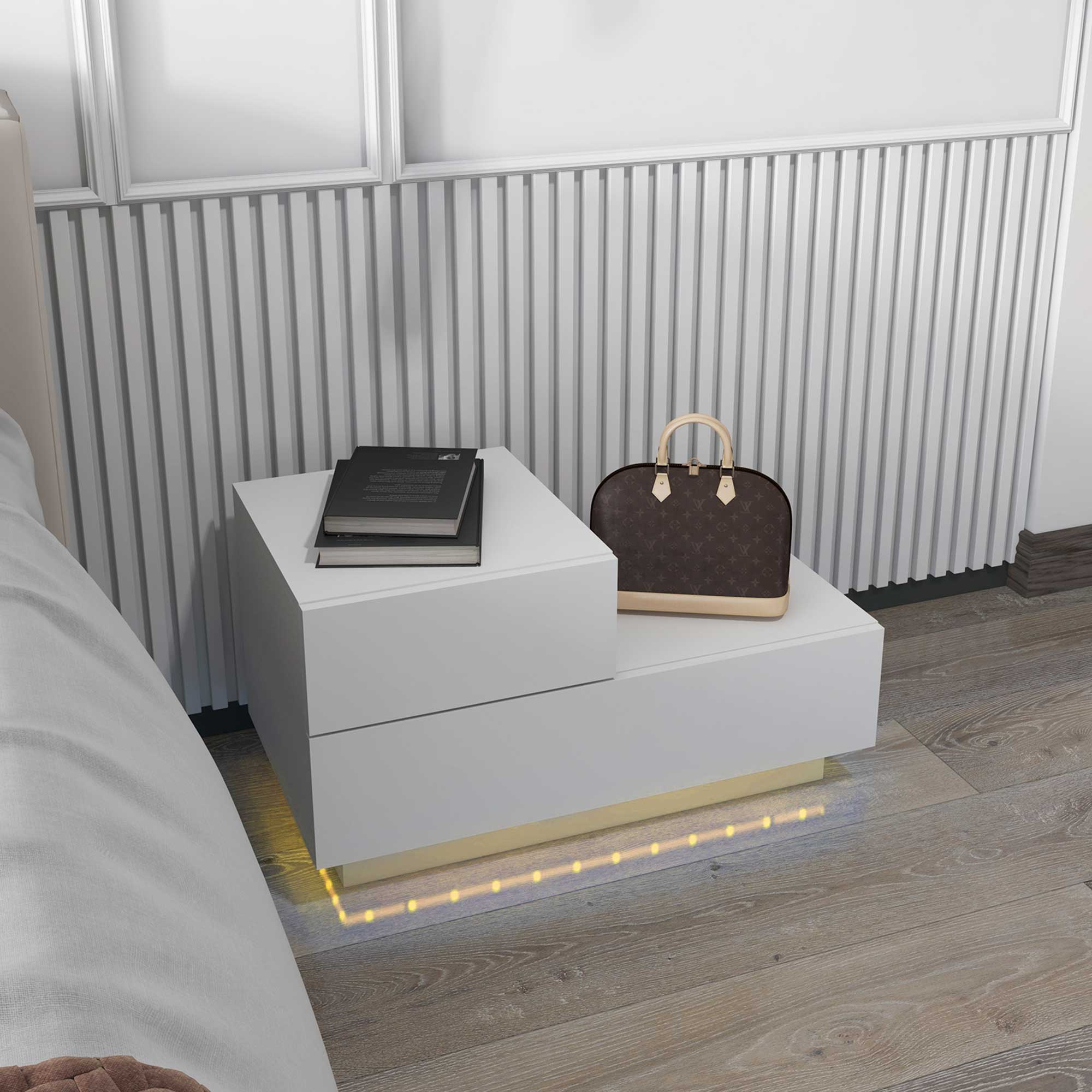 HOMCOM Nachttisch Modern mit 16 RGB-LED-Lichtern, Fernbedienung und Zwei Schubladen aus Spanplatte, 70x37x38cm, Weiß