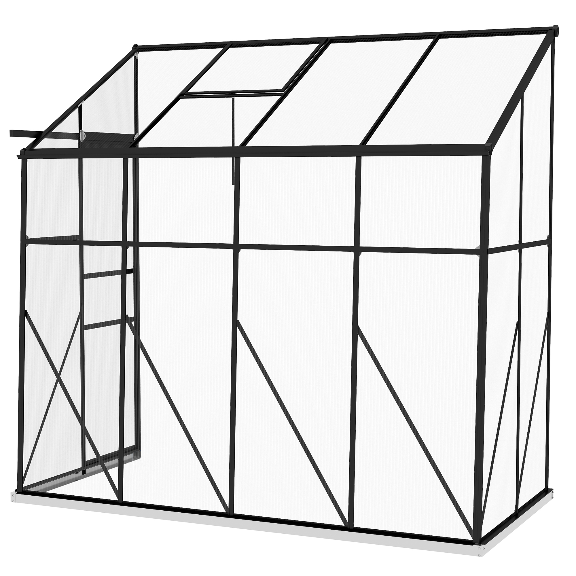 Outsunny Angelehntes Gewächshaus, Garten-Gewächshaus aus Polycarbonat, mit Schiebetür, verstellbarem Dachfenster, Basis, 127 x 253 x 240 cm Schwarz