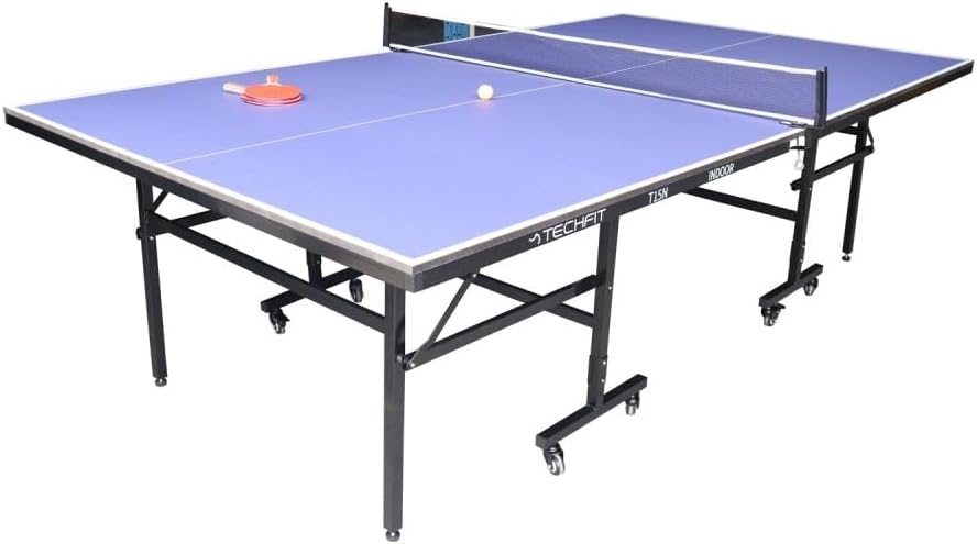 TechFit Tavolo da Ping Pong Professionale per Interni - Pieghevole da Interno con Inclinazione Unilaterale, Struttura Metallica Nera, Rete da 180 cm, Roti Silconate con Freni, 274x152,5x76 cm