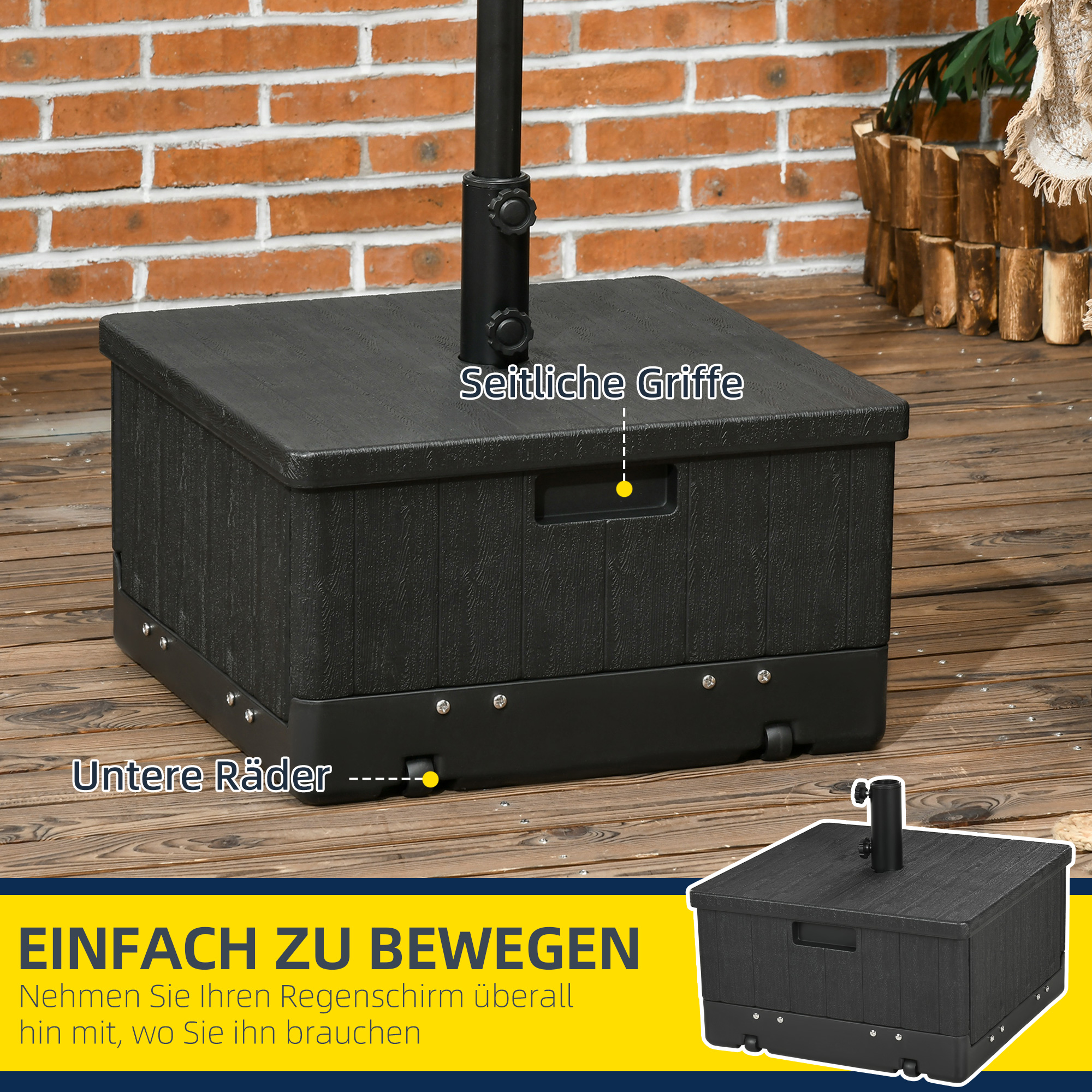Outsunny 3-in-1 Parasolvoet, Bijzettafel, Bloembak, tot 80 kg zand, weerbestendig, Zwart