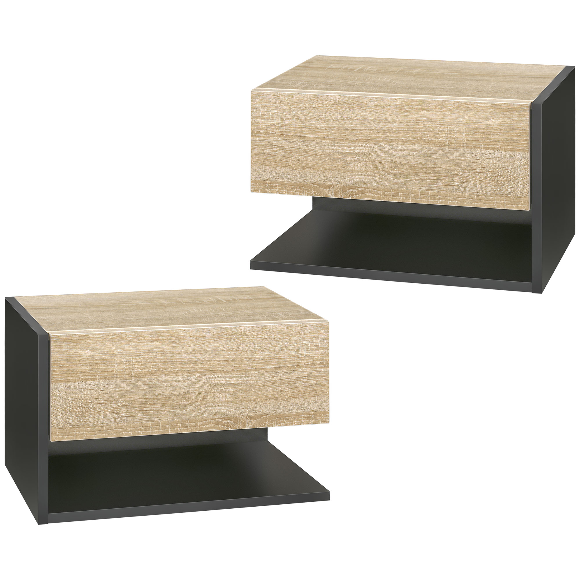 HOMCOM Set von 2 Wandnachttischen - Set von 2 Nachttischen - Schublade, Regal, Zweifarbiges Eichenholz-Schwarz