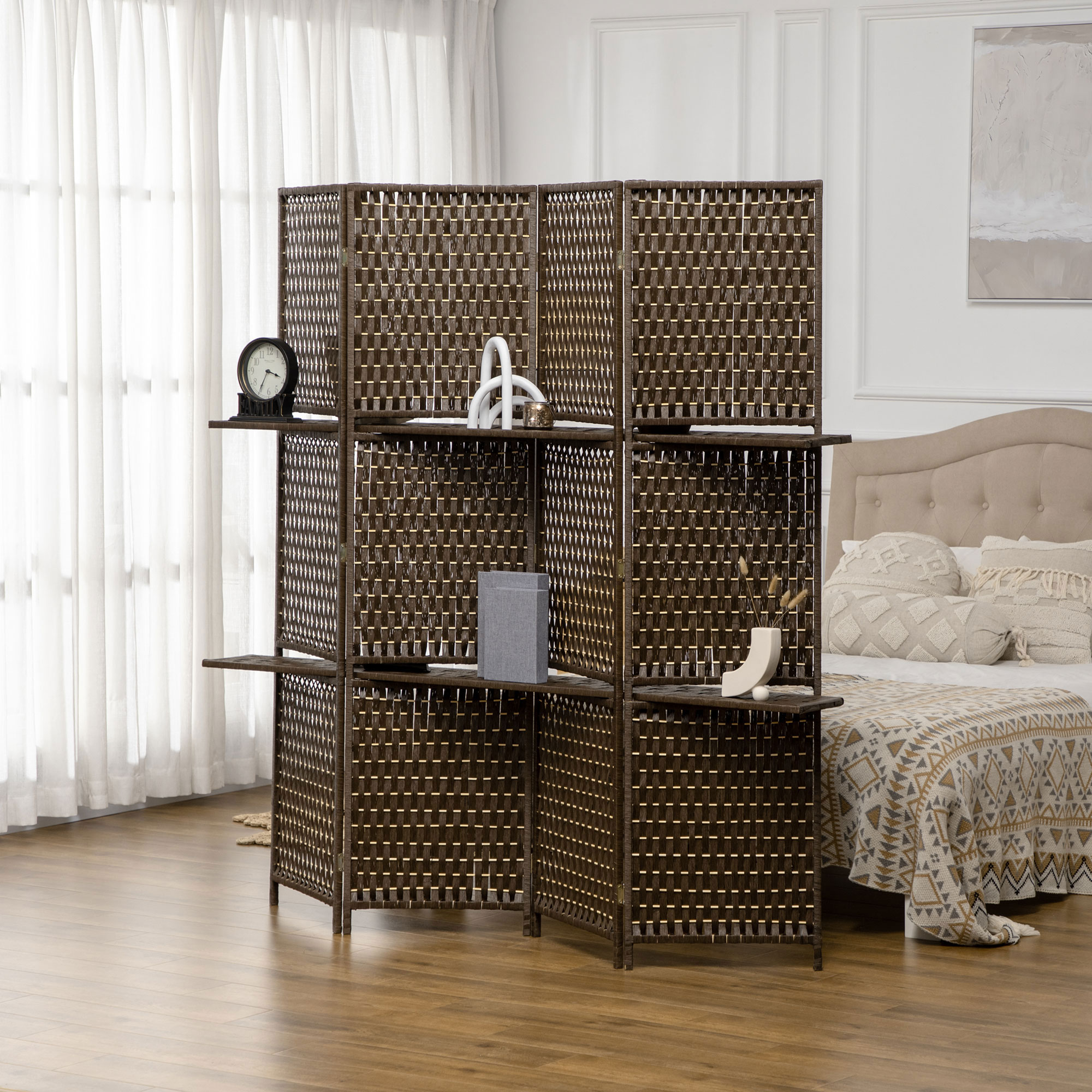 HOMCOM Innenraum-Paravent Raumteiler 4 Paneelen 2 Regale Kiefernholz geflochtene Papierschnüre 181 x 180 cm Braun