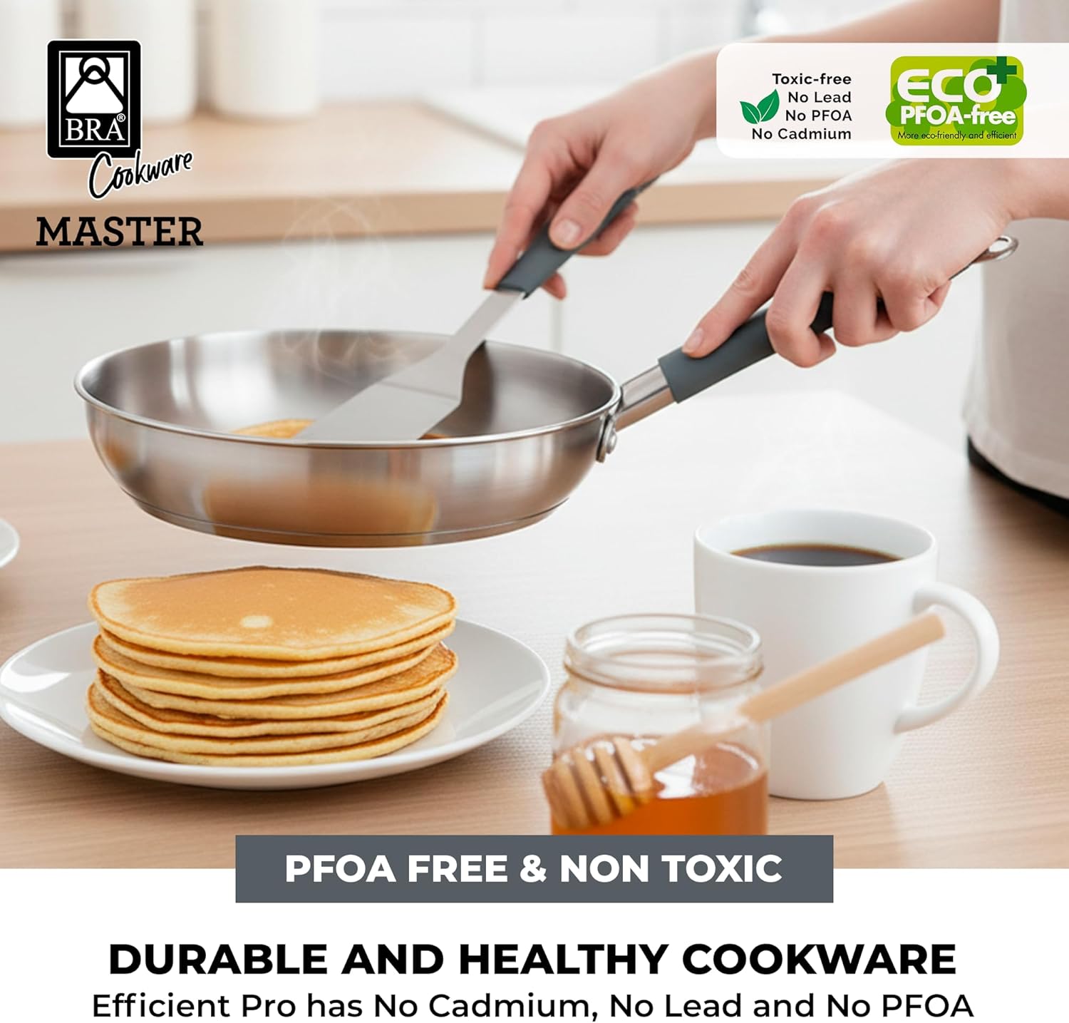 BRA COOKWARE Master 9-Piece Stainless Steel Cookware Set | Professional Pots & Pans Set w/ 2 Pots, 1 Sauté Pan, 3 Frying Pans, 3 Lids | All Stovetops | PFAS Free | Silicone Coated Handles