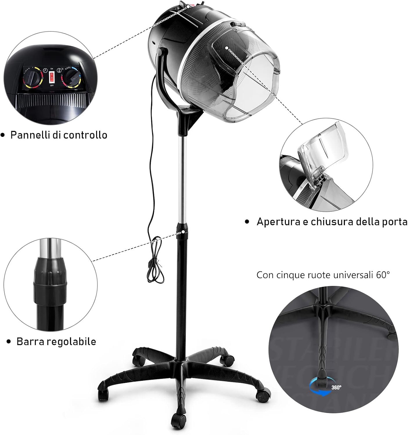 RELAX4LIFE Casco Asciugacapelli Professionale 1050 W, Temperatura 40/75 ºC per Asciugatura e Styling, Timer fino a 60 min, Altezza Regolabile 125/160 cm, per Casa e dal Parrucchiere, Nero