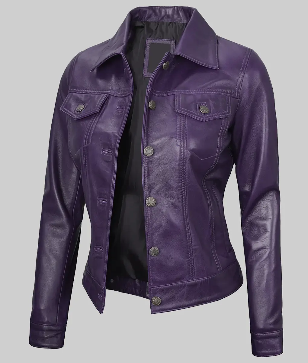 Nerissa Purple Leather Trucker Jacket