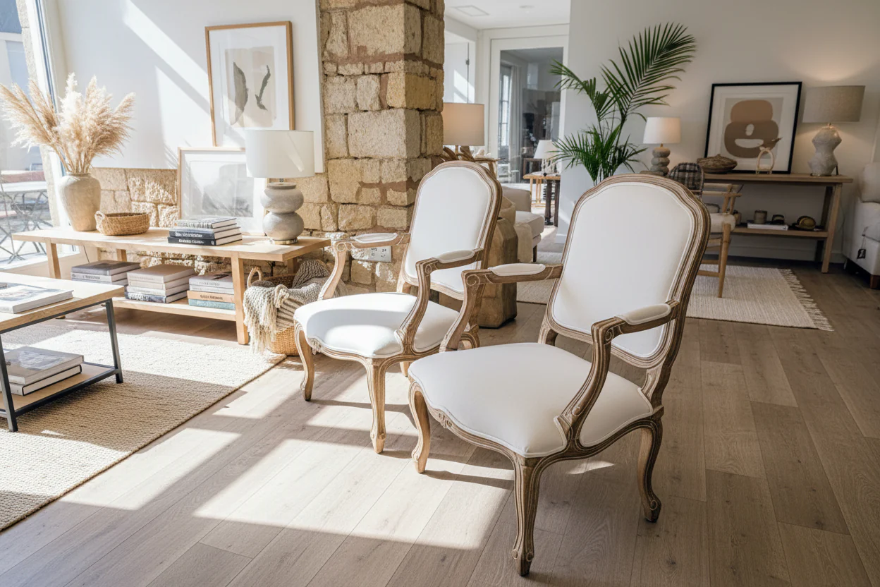 French Provincial Louis Chair �C Natural Linen Fabric & Carved Wood (98cm)