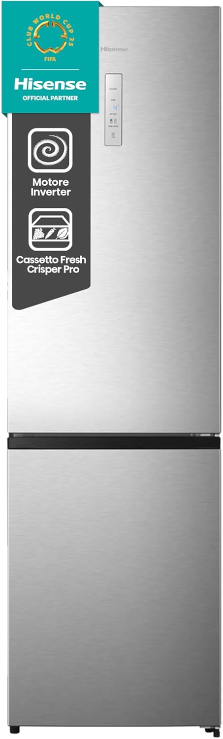 Hisense RB440N4ACA Frigorifero Combinato Total No Frost, Inox, 200x60 cm, Risparmio Energetico Classe A, Grande capacità 335L, Bassa Rumorosità 35db, Porta reversibile, Motore inverter