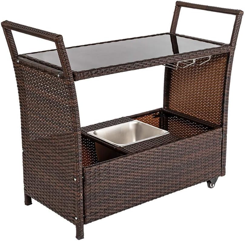 Wicker Outdoor Bar Cart with Wheels Ice Bucket and Glass Top