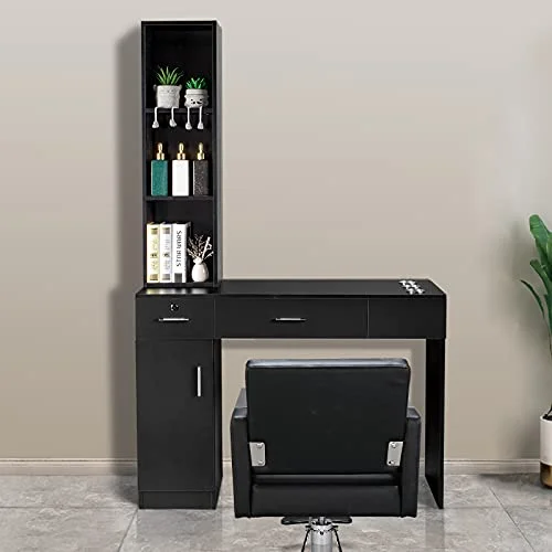 OmySalon Barber Station Black – Wall Mount Hair Styling Unit with Storage, 2 Drawers, 1 Cabinet, 3 Shelves