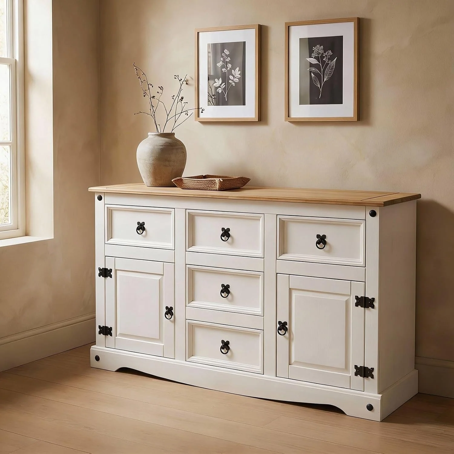 CARO-Möbel Sideboard Campo, Kommode Kiefer massiv, weiß lasiert, 5 Schubladen und 2 Türen