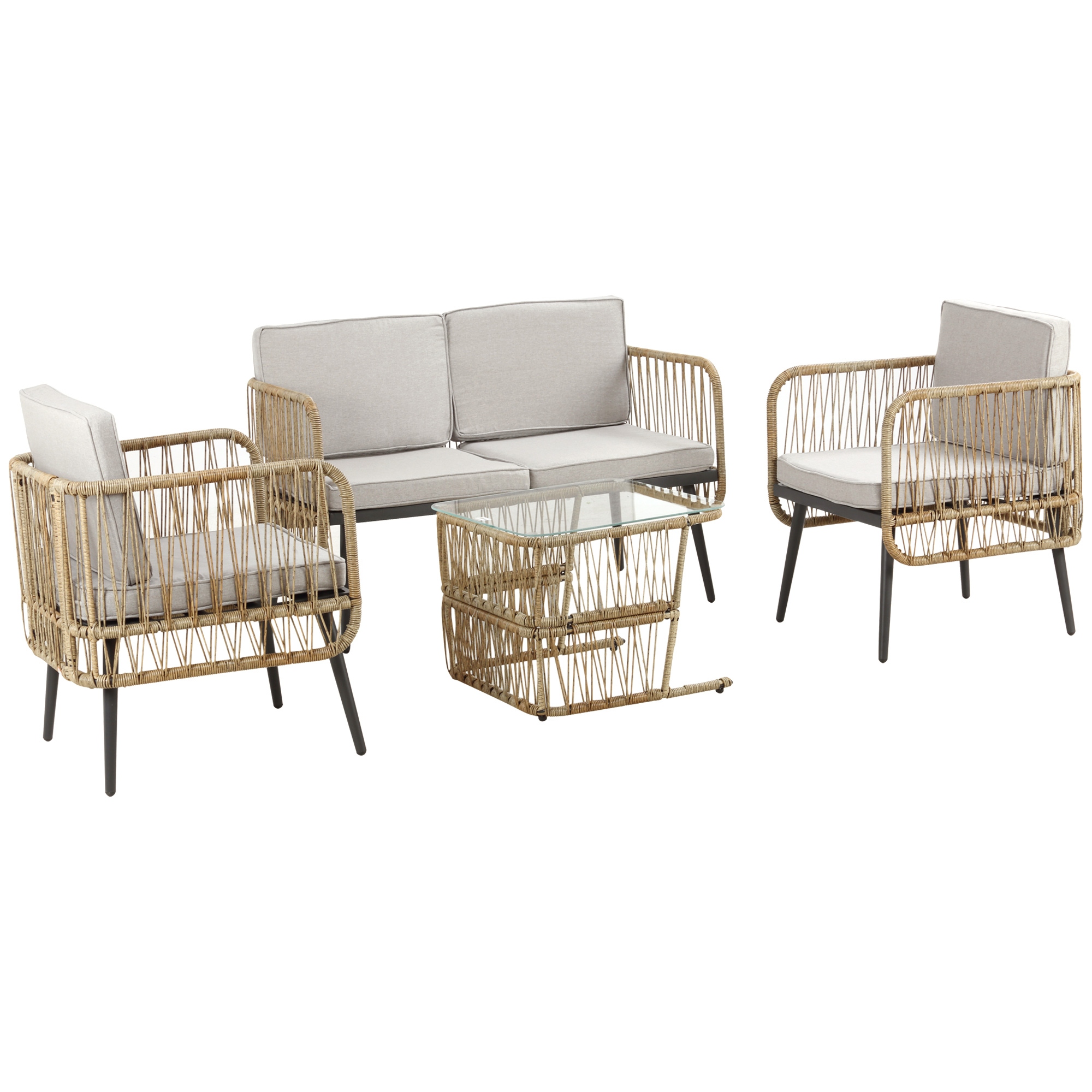 Outsunny Gartenmöbelset 4-teilig Sofa 2-Sitzer + 2 Sessel + 1 Couchtisch mit gehärteter Glasplatte 8 Kissen - Metall und PE-Rattan - Beige