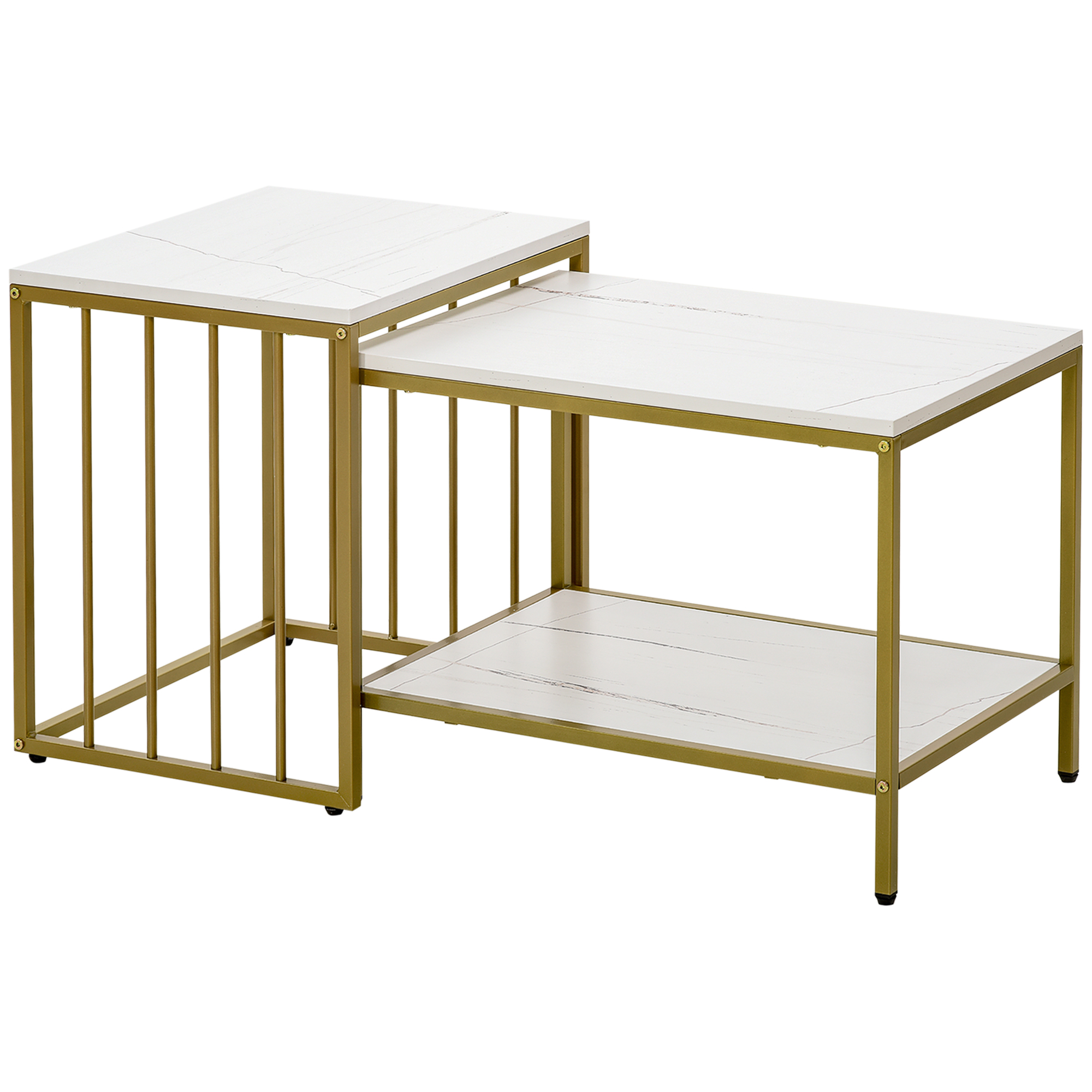 HOMCOM Set mit 2 quadratischen ineinander passenden Beistelltischen - weißer Marmoroptik und goldenem Metallgestell