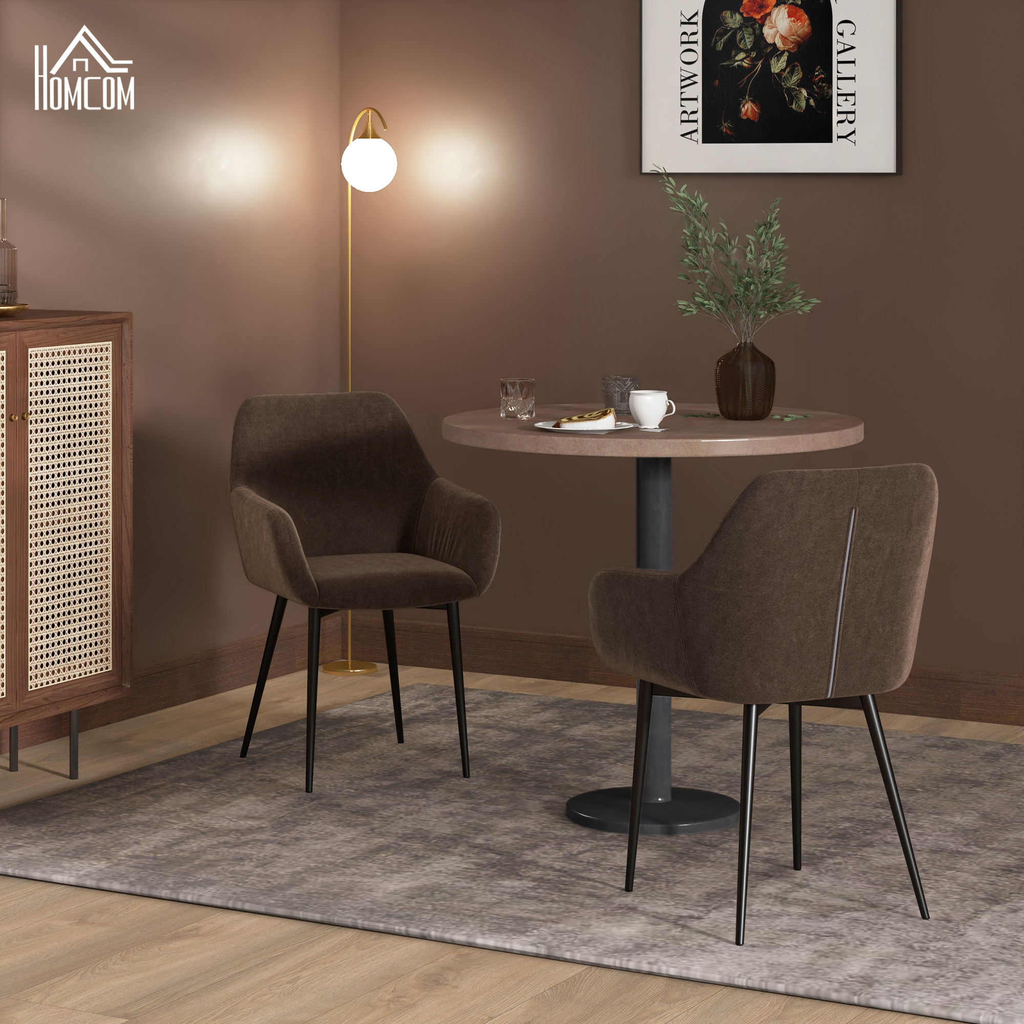HOMCOM Set 2 Nordische Esszimmerstühle mit gepolsterten gebogenen Armlehnen aus samtigem Stoff, 54x57x80 cm, Braun