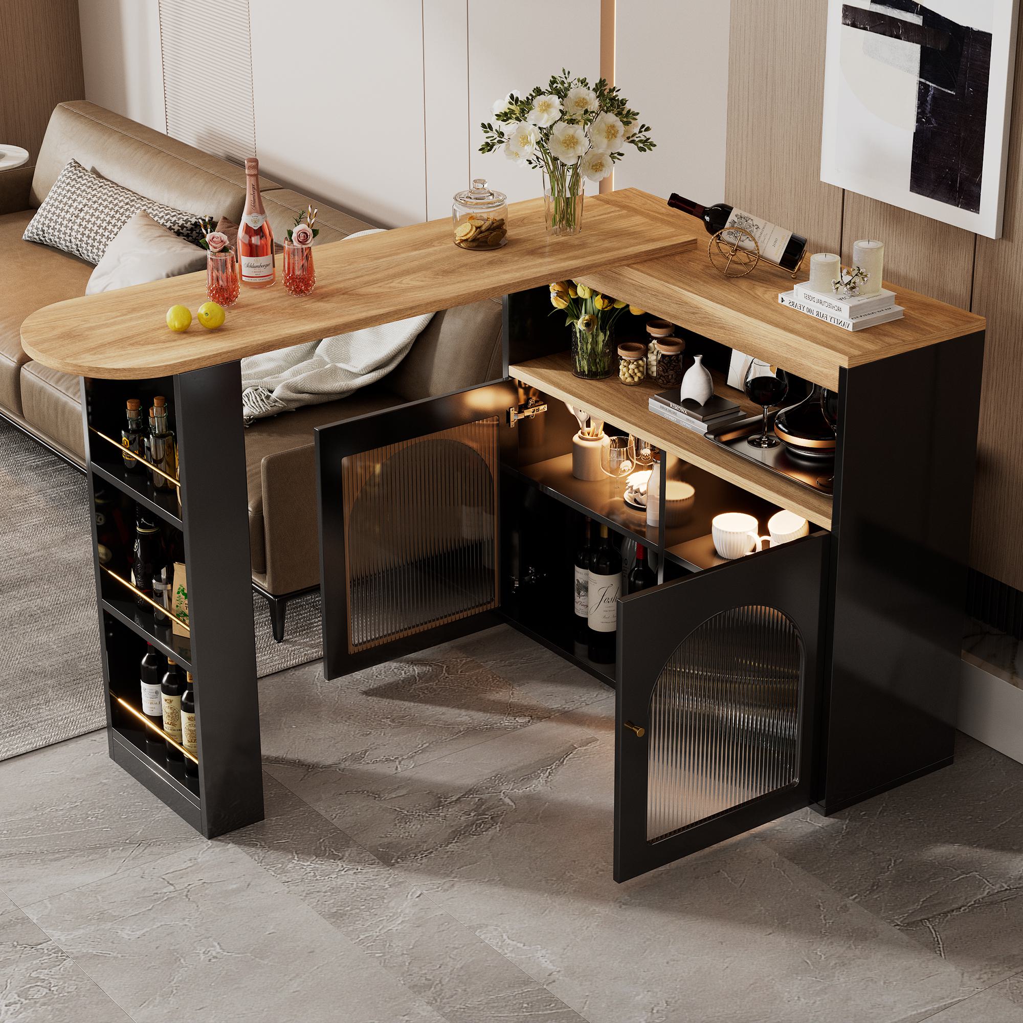 Modern Bartisch mit Stauraum, 138 cm Bartisch, 360 Grad drehbarer Tisch für Wohnzimmer, Schwarz