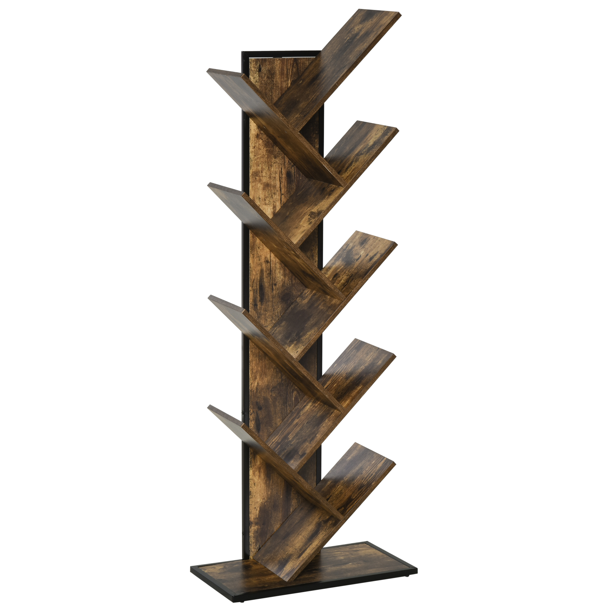 HOMCOM Baum-Bücherregal aus Holz, platzsparender Säulenschrank mit 10 Regalen im Industriestil, 50x28x142cm