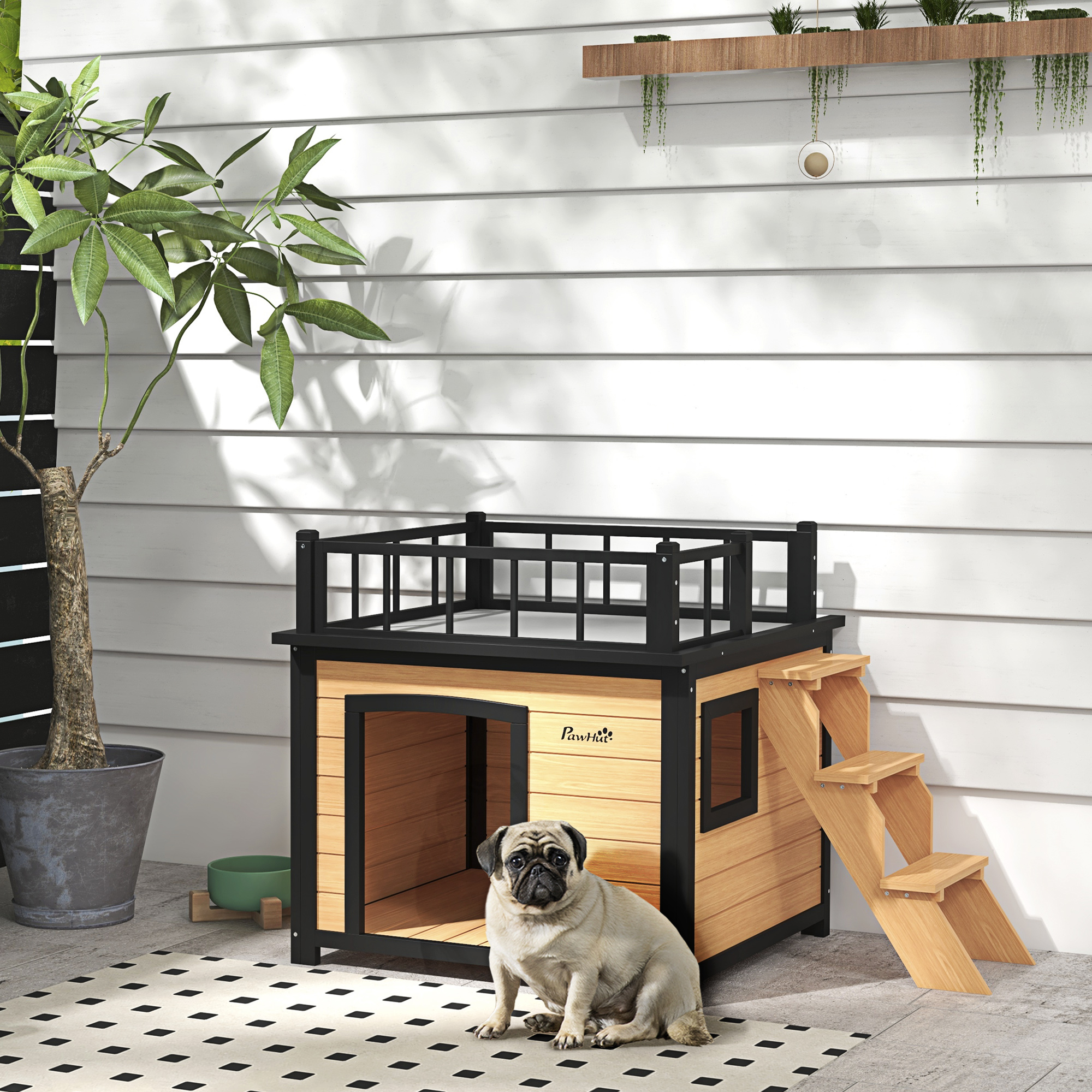 PawHut Hundehütte mit Dachterrasse, wetterfest, Holz, 121x77x78cm, Schwarz/Gelb