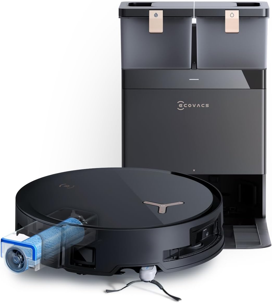 ECOVACS DEEBOT X8 PRO OMNI Robot Aspirapolvere Lavapavimenti, 18000Pa, Tecnologia di Lavaggio Automatico Istantaneo OZMO ROLLER, Pulizia con acqua calda 40-75°C, Soluzione Detergente Automatica, Nero