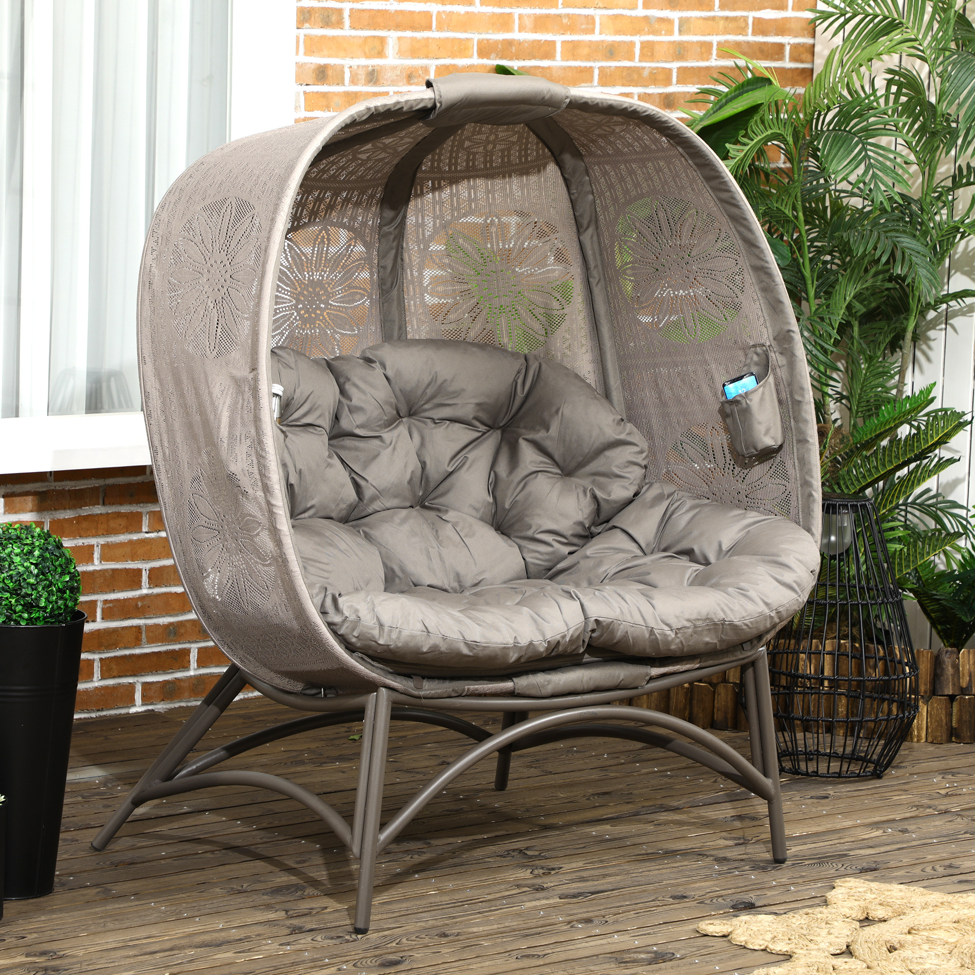Outsunny Gartenstuhl für 2 Personen, klappbar, großes Sitzkissen, Stahlrahmen, Farbe: Sand, 126 x 75 x 142 cm