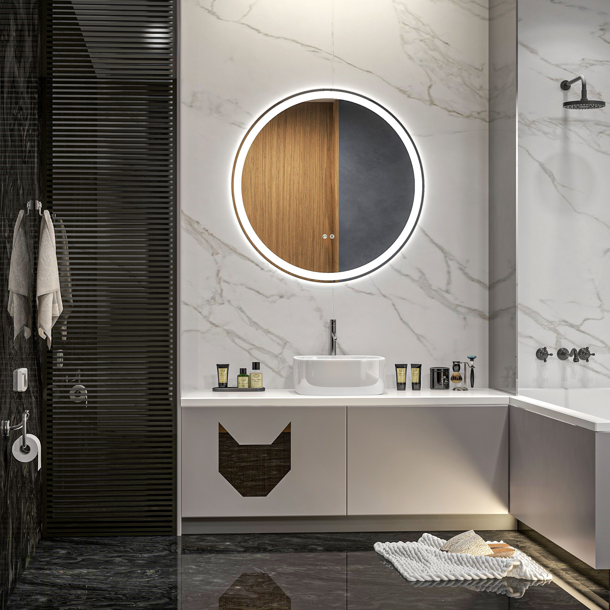 kleankin Runder LED-Badezimmerspiegel Ø 70 cm Wandmontage mit Beleuchtung 3 Farben Touch-Schalter 23W Weiß Silber