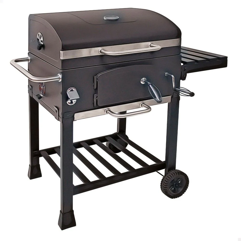 Barbacoa Portátil Carbón Con Ahumador 102x65x104 Cm - Acero. Negro