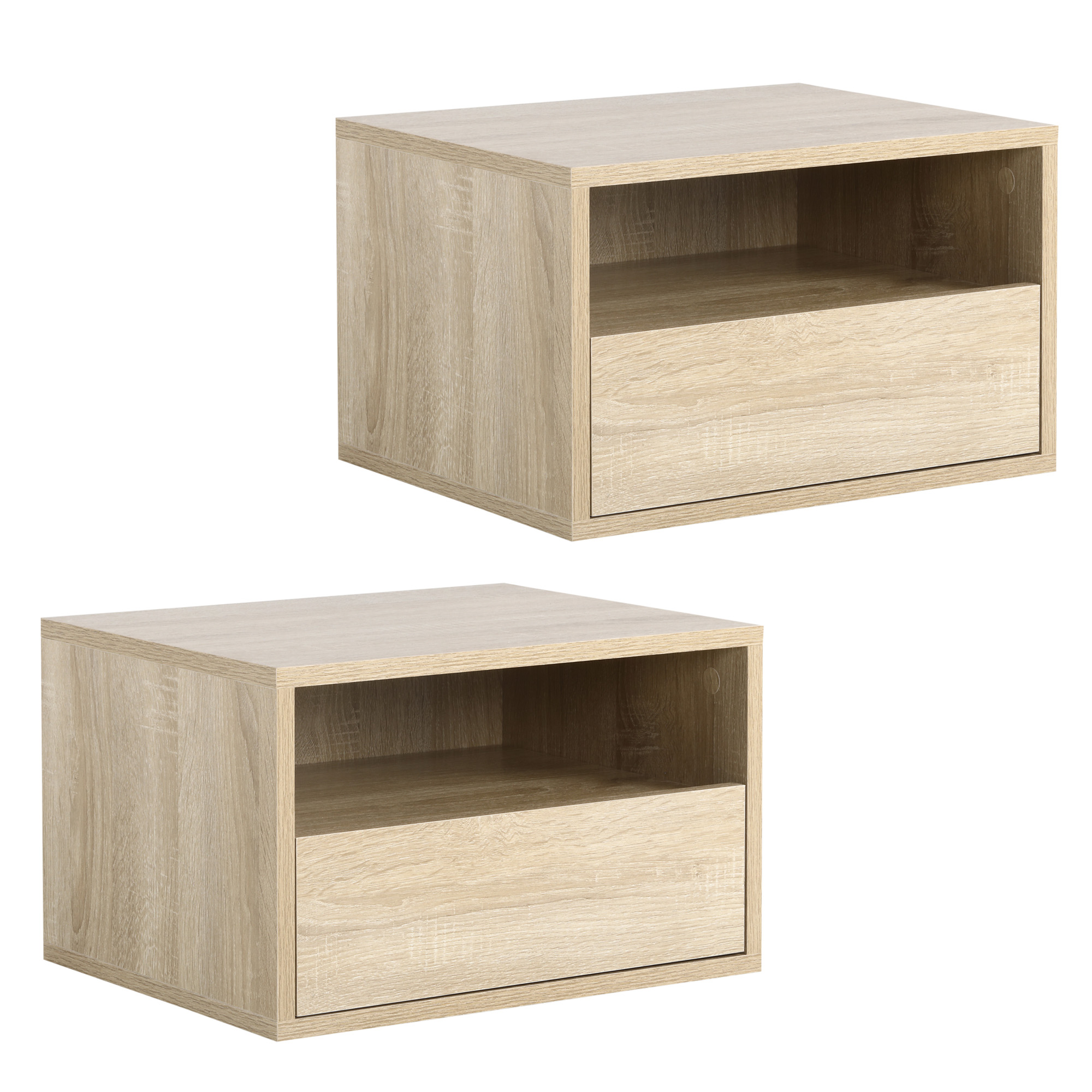 HOMCOM Nachttisch 2er-Set 1 Schublade  1 Regal schwebend Holzspanwerk Natur