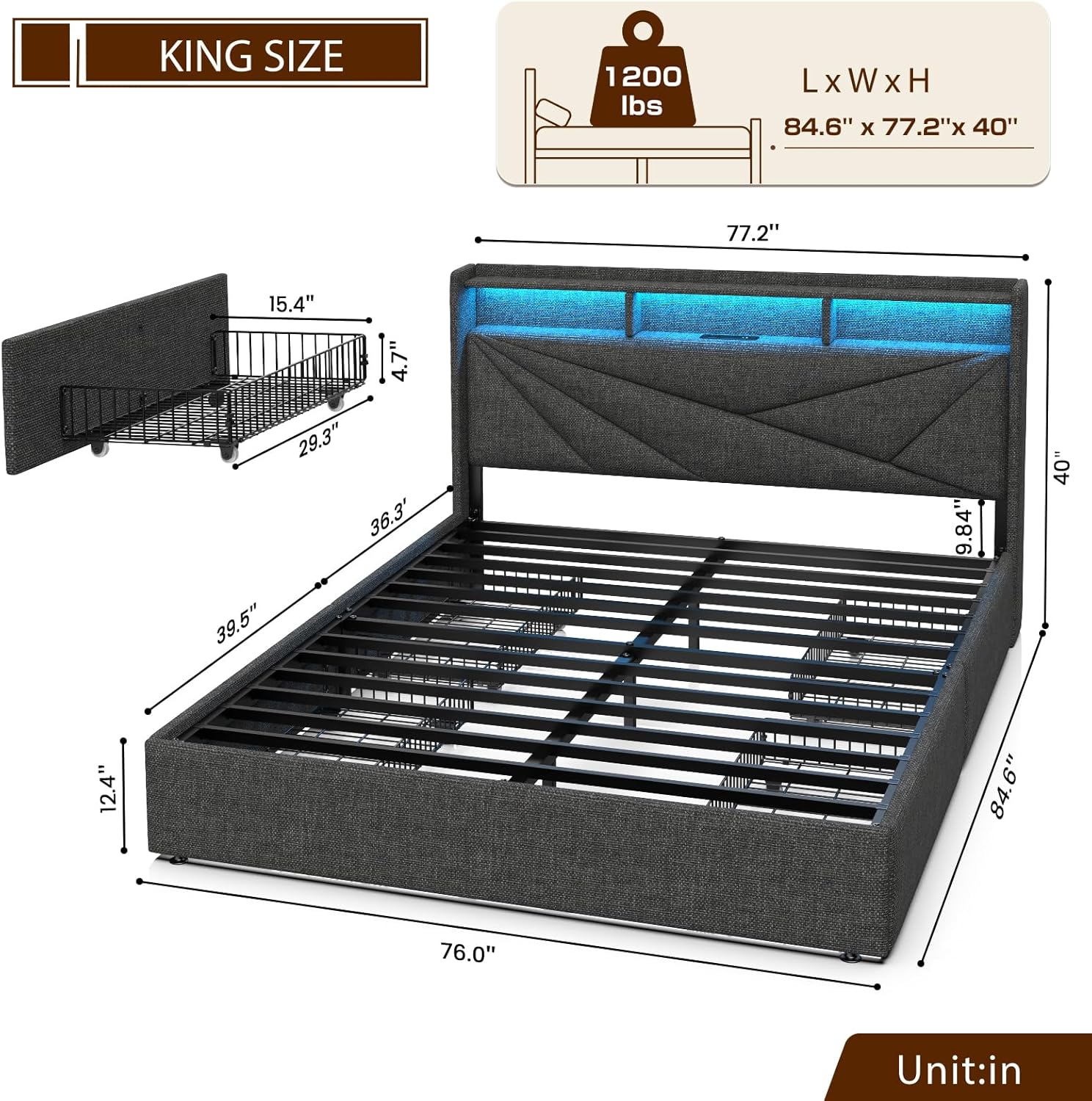 King Size Bed Frame with 4 Storage Drawers, Upholstered King Bed Frame with Charging Station and LED Lights Headboard, No Box Spring Needed, Easy Assembly - Dark Grey