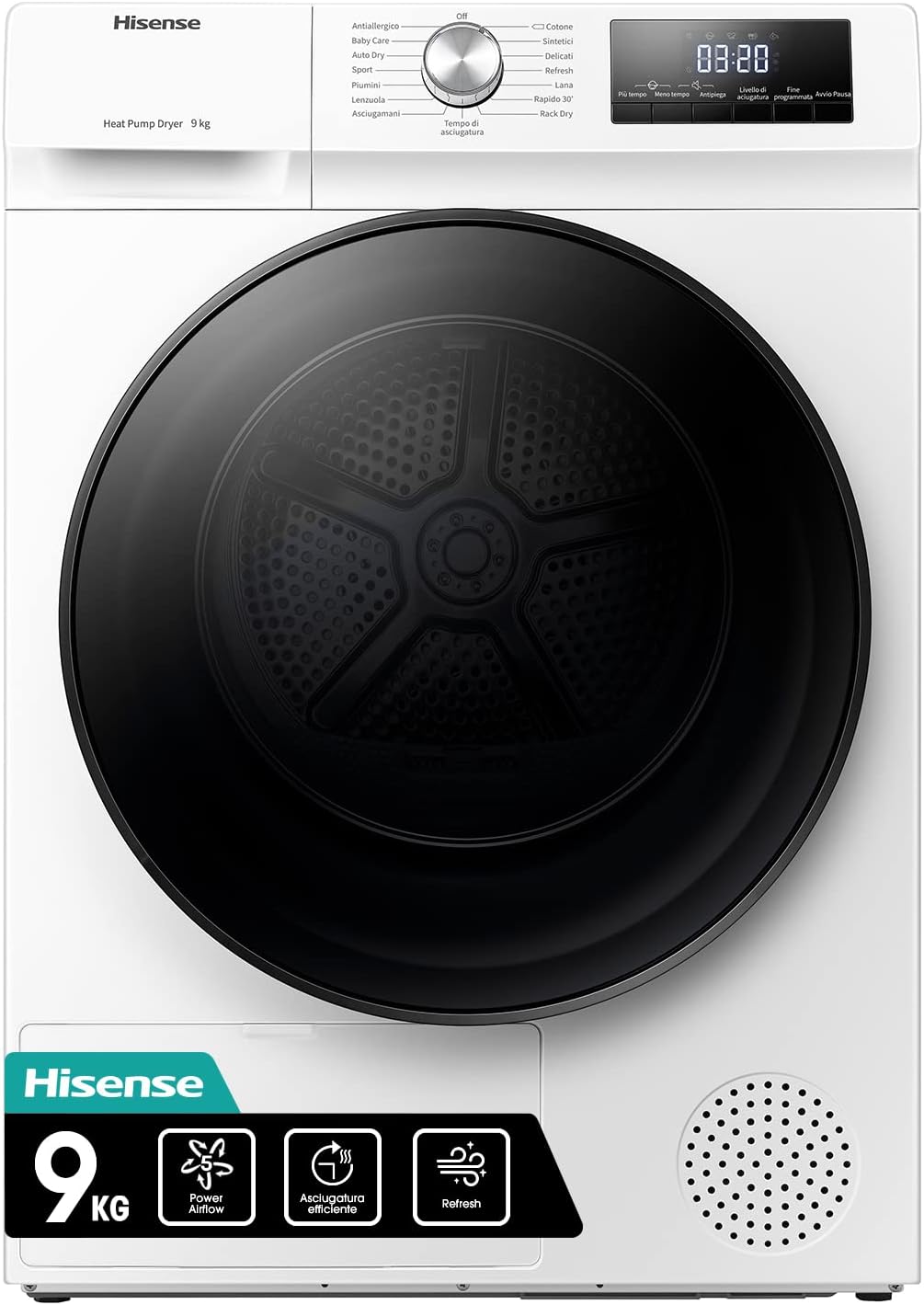 Hisense DHQA902U Asciugatrice A Pompa Di Calore Con Ion Tech, 9 Kg, A++, Oblò Nero, Big Display, Con Power Air Flow