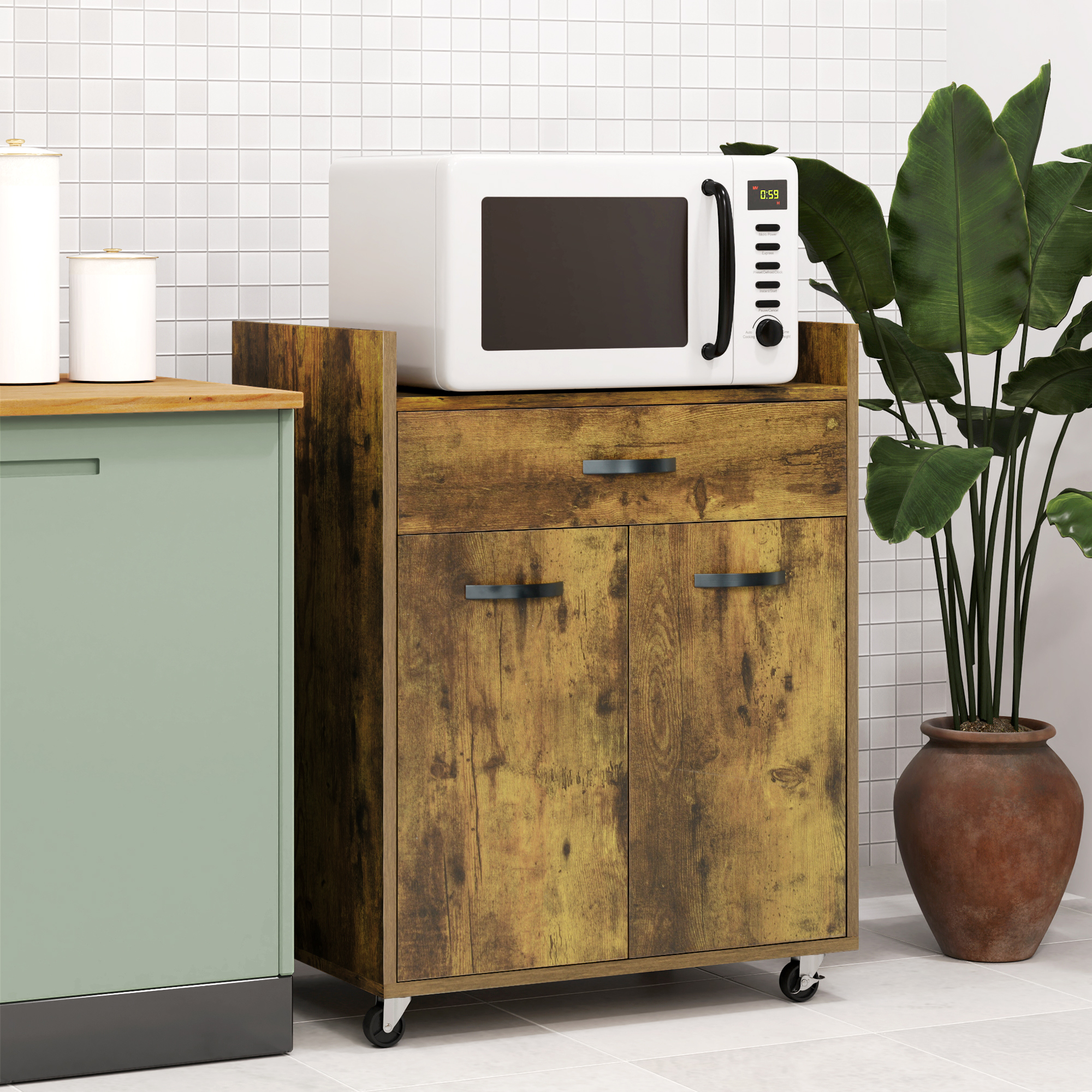 HOMCOM Küchenwagen mit Schublade, Schrank und 4 Rollen aus Holz, 60x40x77cm, Rustikales Braun