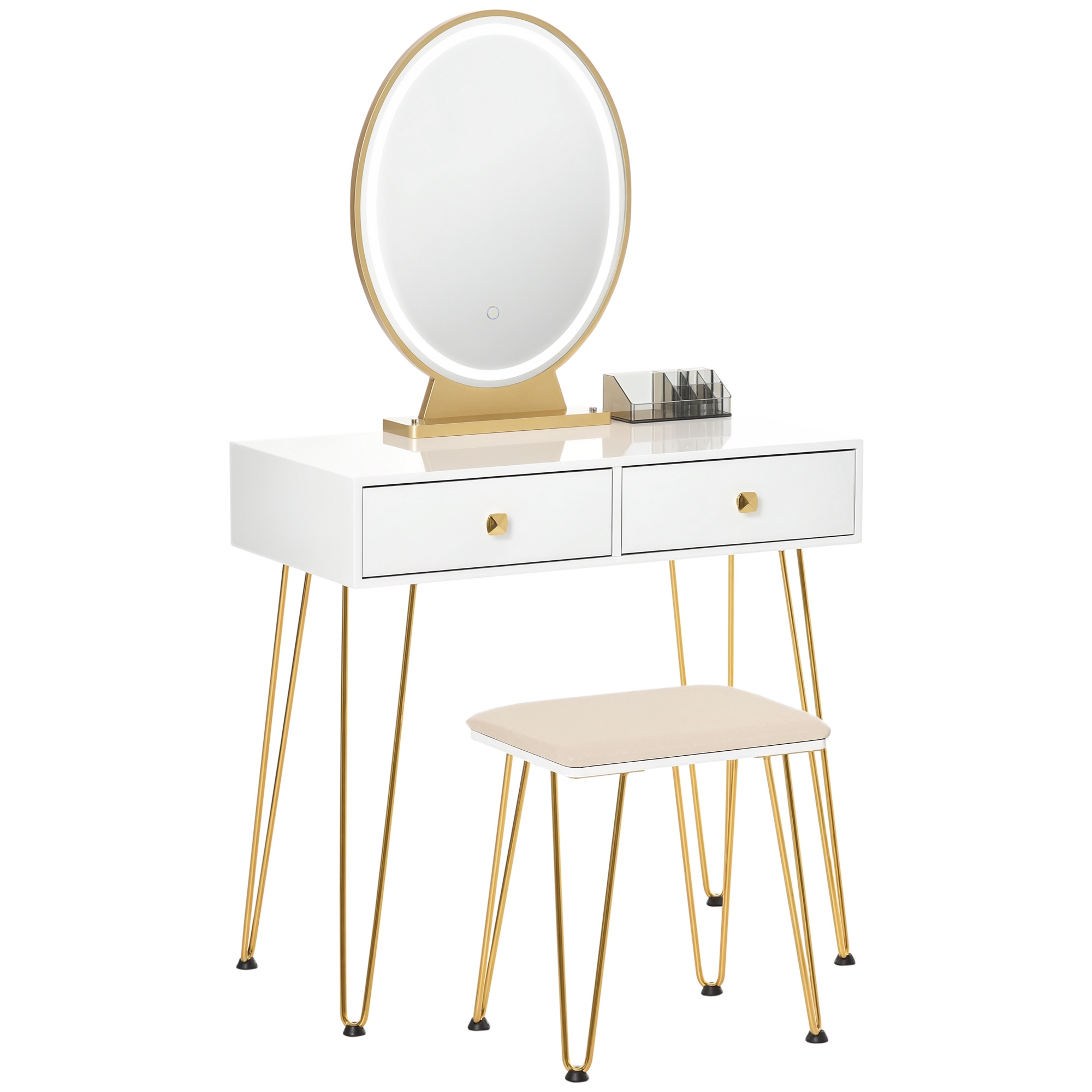 HOMCOM Schminktisch Set Frisierkommode Kosmetiktisch mit einstellbarer LED-Beleuchtung Spiegel gepolsterten Hocker 2 Schubladen und 1 Lippenstiftraster MDF Stahl Schaumstoff Weiß 80 x 40 x 136 cm
