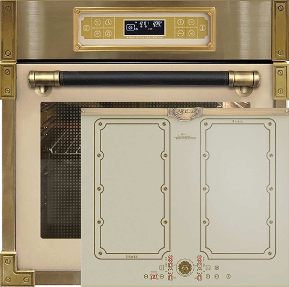 Backofen-Set Herd Set Autark Elektro Einbau Backofen 80L Elfenbeinfarbiges Glas 60 cm mit Induktionskochfeld 60 cm FREE ZONE mit 2 FLEX Induktions-Zonen EH 6726 ElfAD+KCT 6192 FI ElfEm...