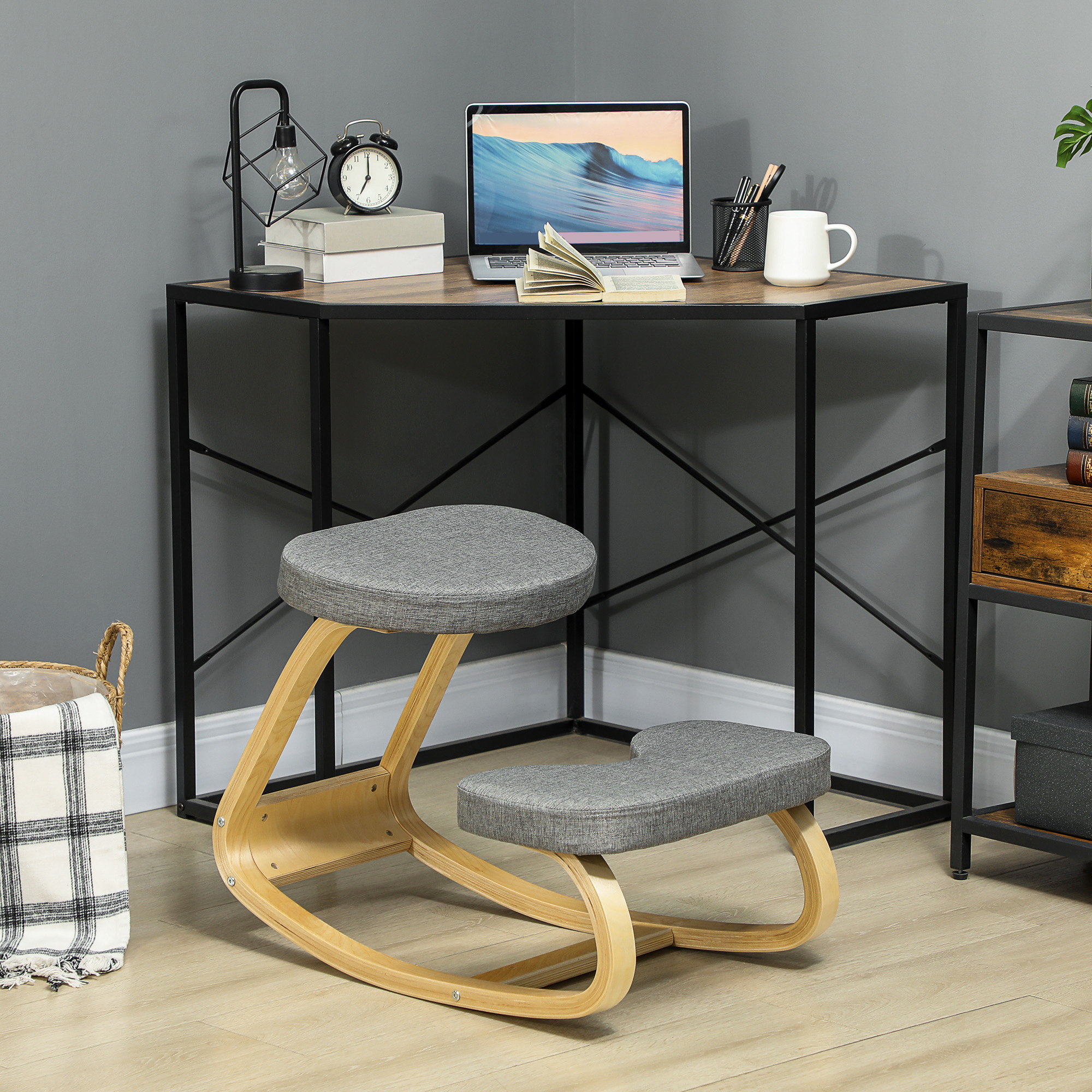 HOMCOM Kniestuhl, ergonomischer Schaukelholzstuhl, Kniestützsitz für Homeoffice, Grau