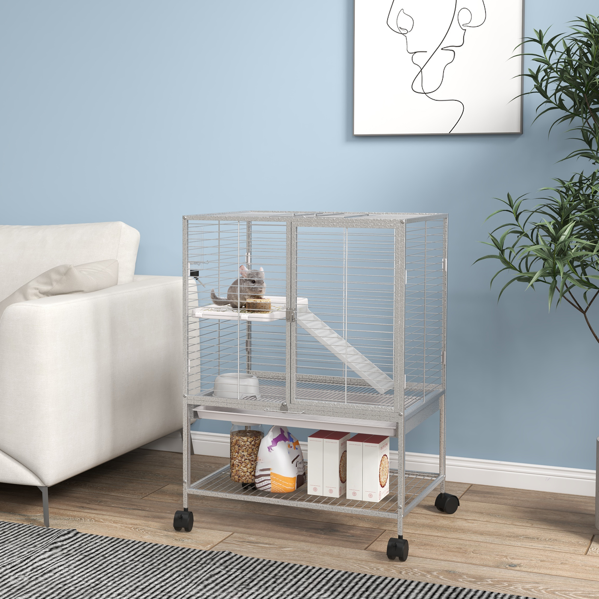 PawHut Käfig für kleine Tiere auf Rollen 2 Ebenen mit 2 Türen, 1 Rampe, 1 Ablage 61,5 x 44,5 x 86 cm grau