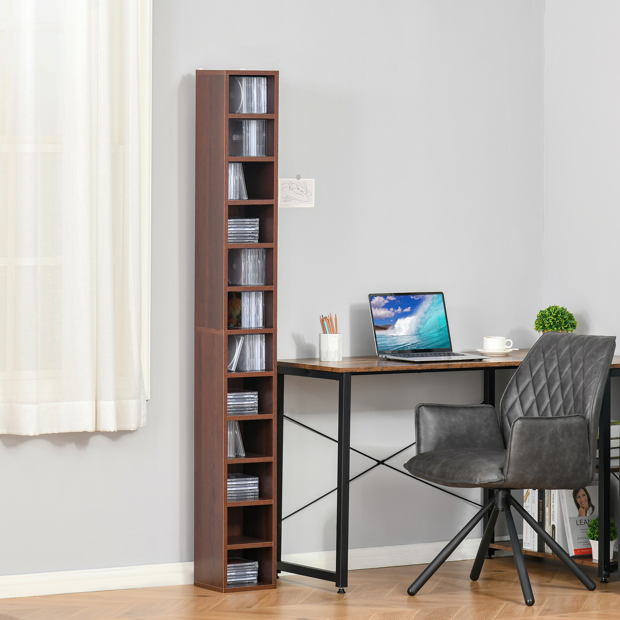 HOMCOM CD- und DVD-Aufbewahrung, CD-Säulenaufbewahrung, Aufbewahrungsschrank mit 12 Fächern, maximale Kapazität 204 CDs, 21 x 20 x 175 cm, Braun