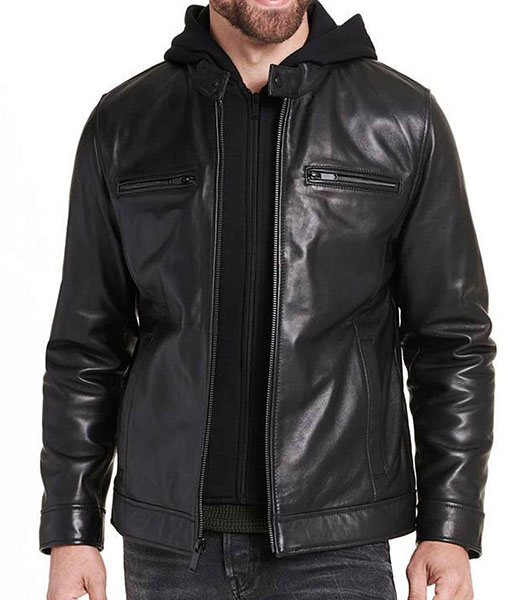 Men’s Causal Smooth Black Leather Jacket with Hood