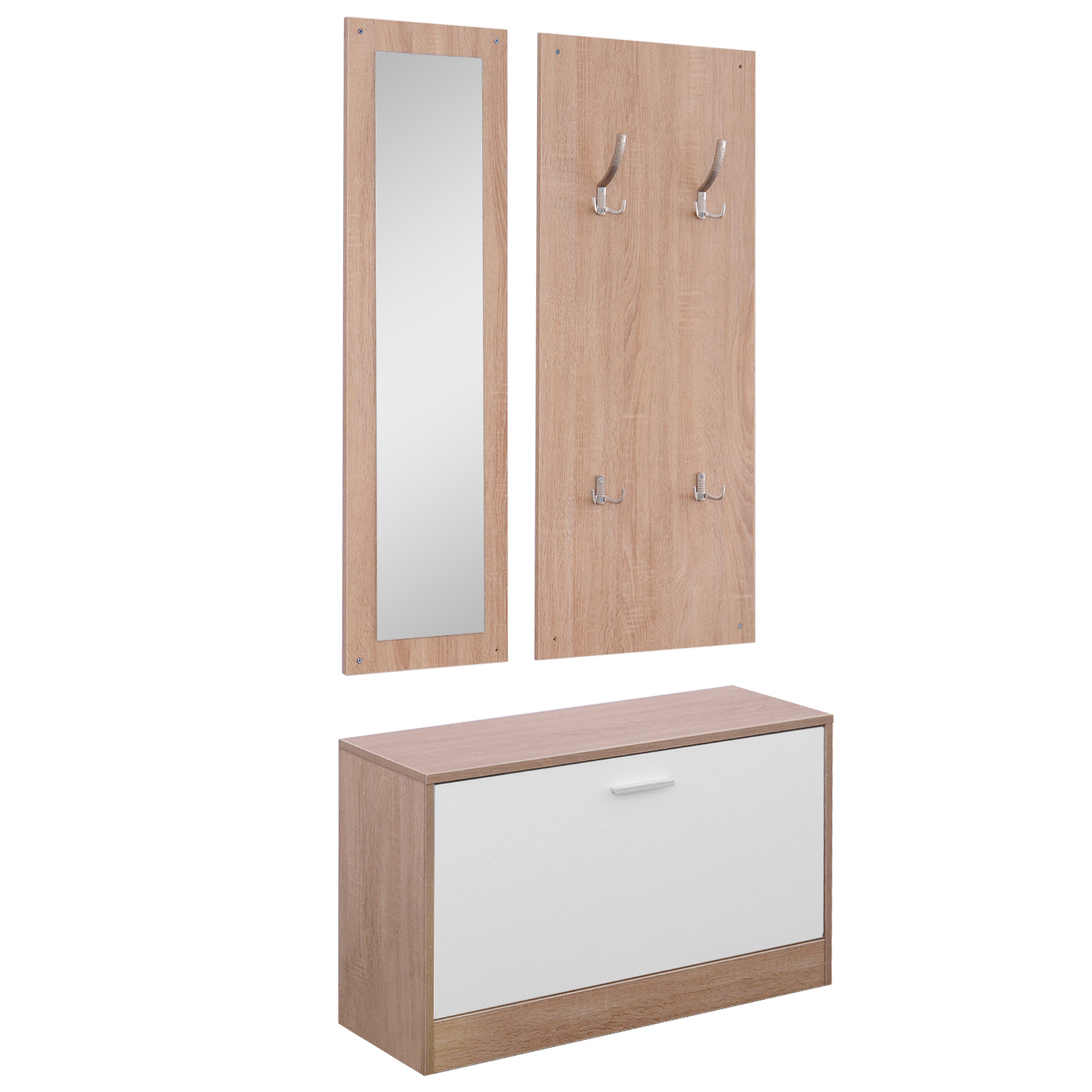 HOMCOM 3-teiliges Garderoben-Set Flurgaderobe mit Schuhschrank Garderobe Wandspiegel 4 Haken Natur 30 x 100 cm (Spiegel)