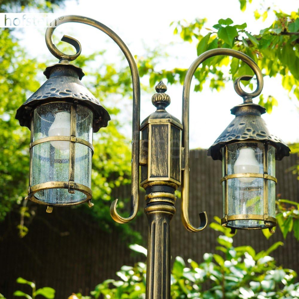 HOFSTEIN Kandelaber Tolep, Außenwegeleuchte aus Metall/Glas in Braun/Gold/Klar, Wegeleuchte im Antik/Retro/Vintage-Design für Garten, Außenbereich, Hof, 220 cm, 2 x E27, IP44