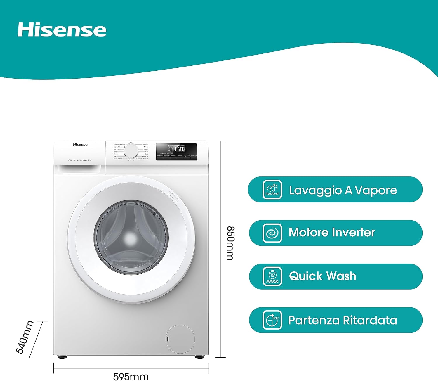 Hisense WFVB7012EM Front Load Washing Machine 7 kg 1200 rpm 15 Programs Steam LED Display Rapid Program Delay Start Child Lock