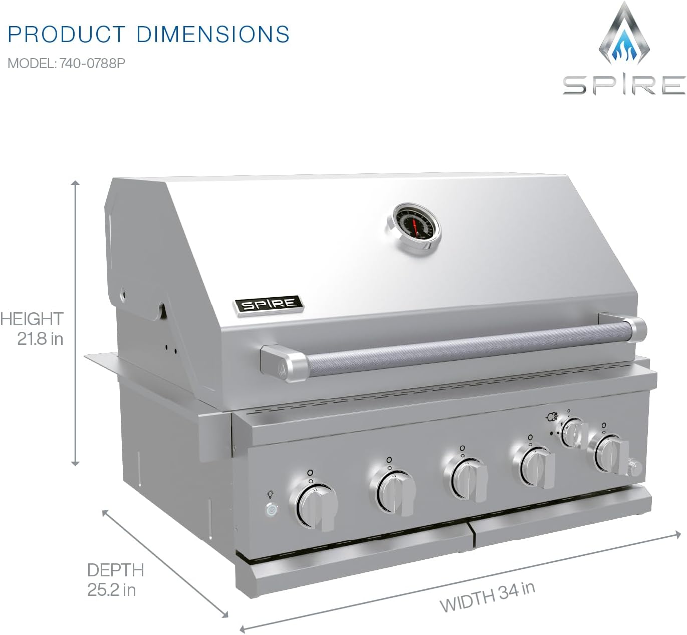 Spire Premium 5 Burner Built In Gas Grill Island Head  Stainless Steel 30 Inch Propane Grill with Rear Burner  63 000 BTUs  750 SQ In Racks  Dual Fuel Compatibility - 740-0788P