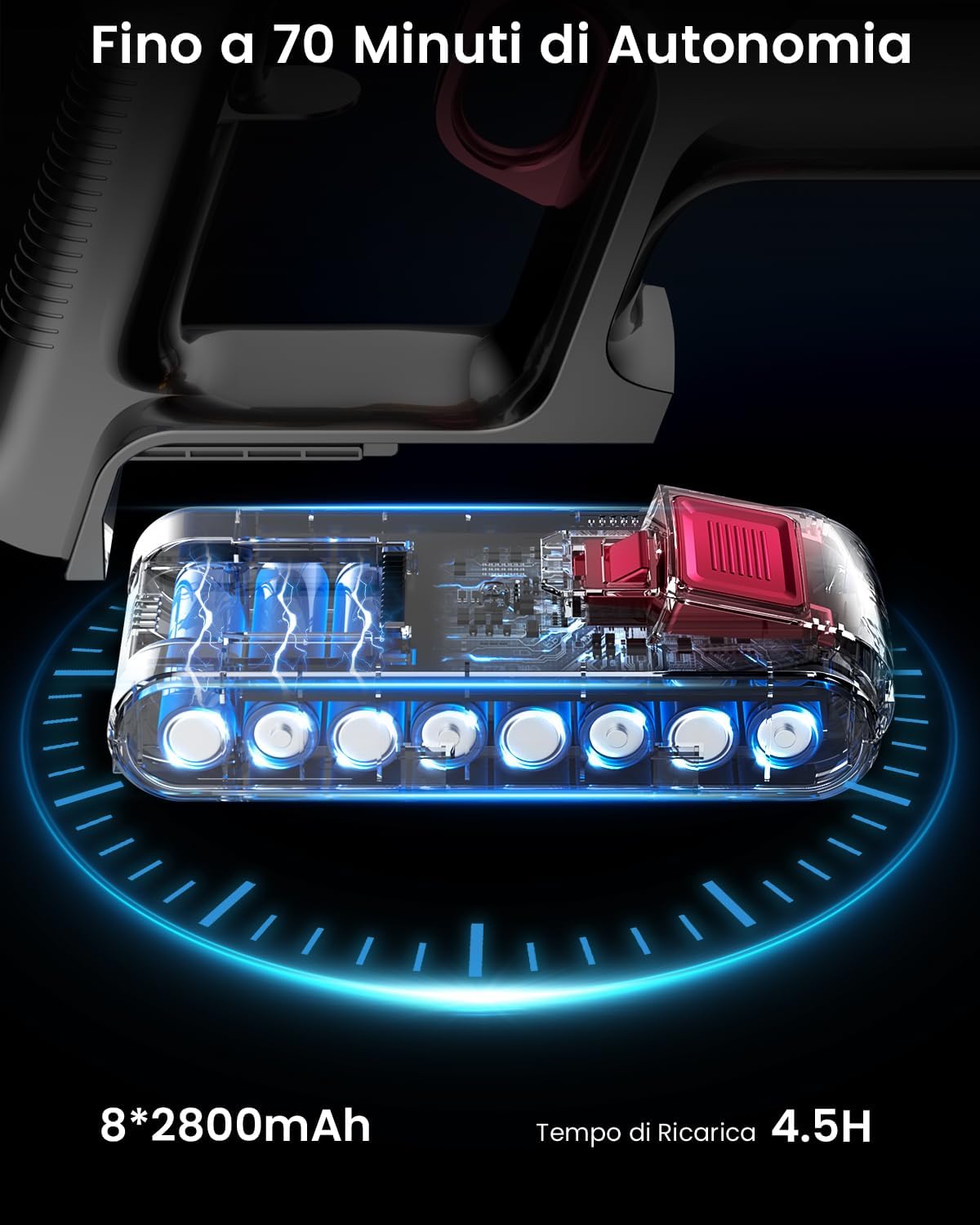 Anyson 45KPa/550W Aspirapolvere Senza Fili, 70 min/1,6L Scopa Elettrica Senza Fili Autocaricante Ultra-silenzioso, 8 Stadi Filtrati OLED Smart Aspirapolvere