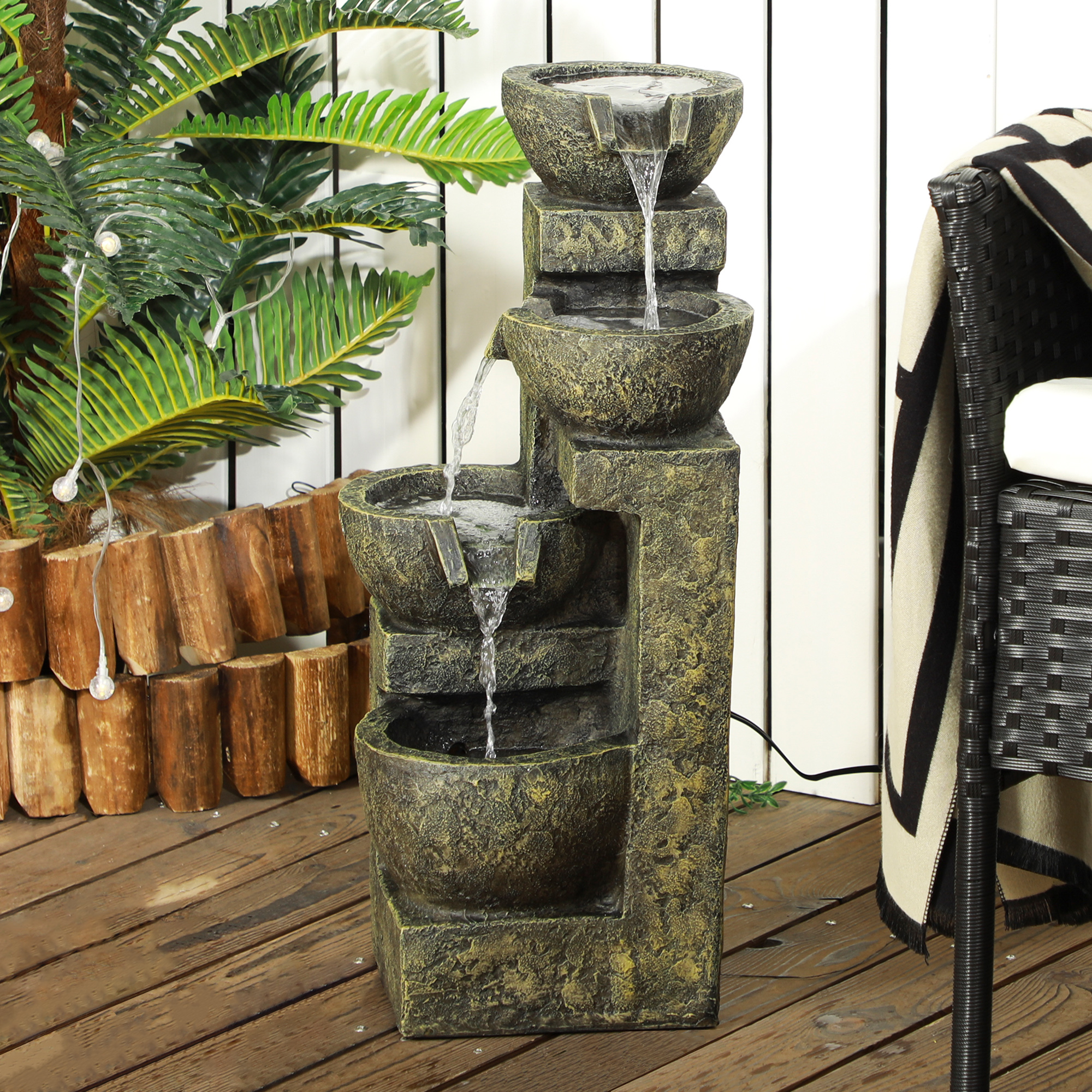 Outsunny Gartenbrunnen Wasserbrunnen Brunnen, verstellbare Geschwindigkeit, 25 x 24 x 60 cm, Schwarz