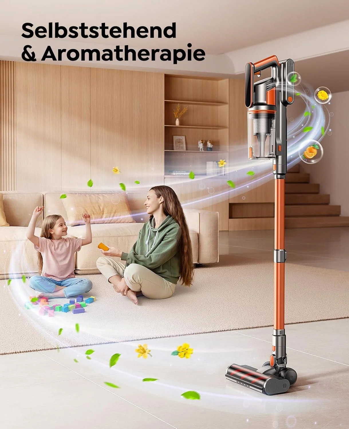 Fieety Akku Staubsauger, 45KPa/550W/60Min Staubsauger Kabellos mit Wandmontierte Ladestation, Aromatherapie, Automatikmodus, Touchscreen, 1M Ausziehbarer Schlauch für Hartböden Teppiche Tierhaare Auto