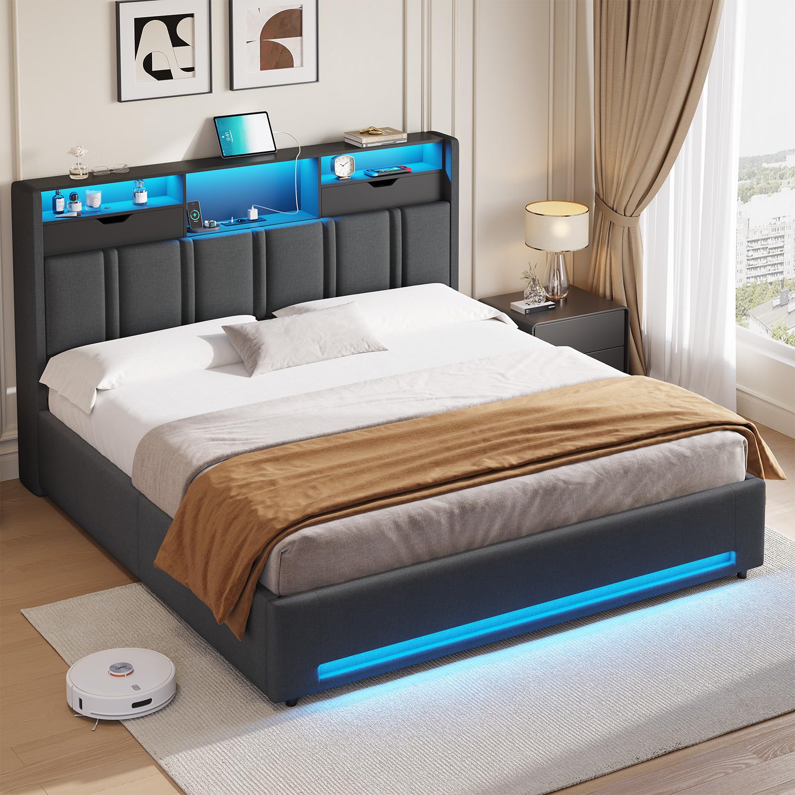 Polsterbett 180x200 cm mit LED-Beleuchtung, Bettkasten und USB-C-Ladestation inkl. Lattenrost