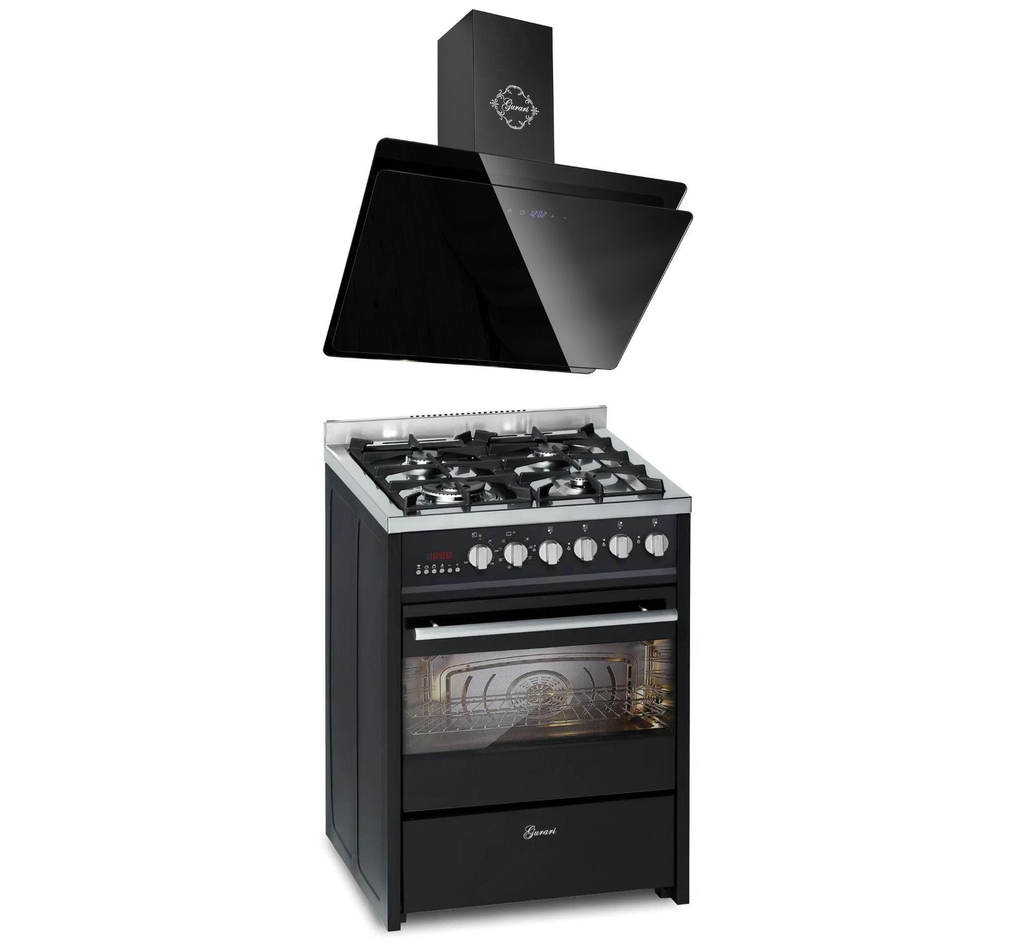 Gas-Standherd 60 cm Schwarze Gasherd mit Elektrobackofen 60 L Range Coocker+Dunstabzugshaube 60 cm, Schwarz Glas,1000m³/h GCH E 610 BL+GCH 411 60 BL PRIME