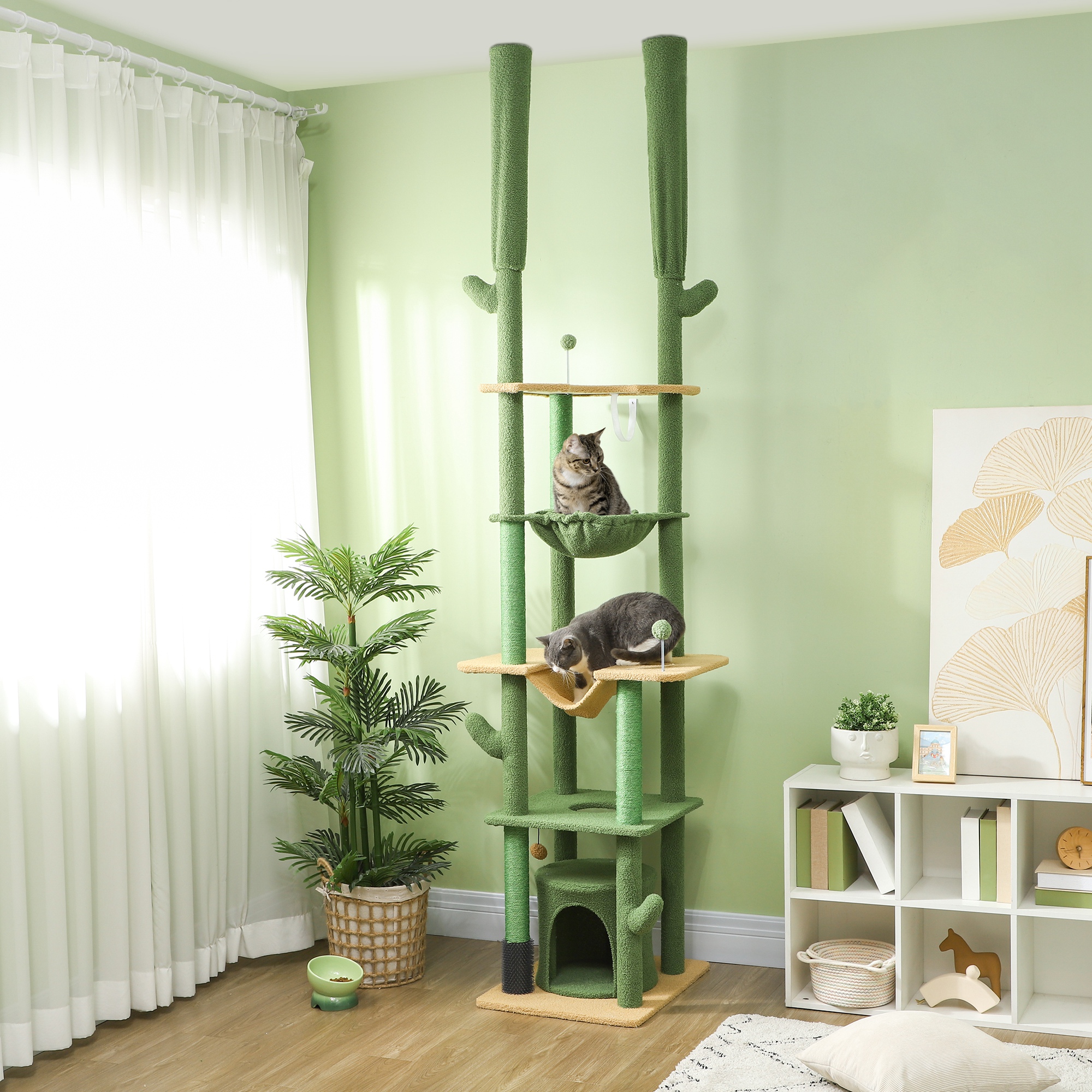 PawHut Kaktus-Kratzbaum, 4 Etagen, deckenhoch 225-255 cm, 2 Hängematten, Höhle, Grün