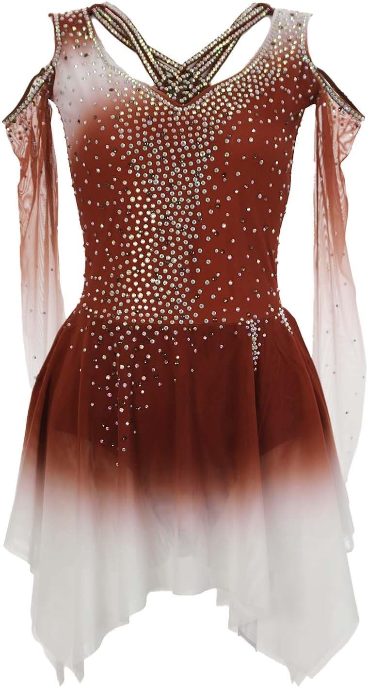 Eiskunstlauf-Wettkampfkleid For Mädchen, Offener Rücken, Damen-Team-Eistanz-Outfit Mit Farbverlauf Und Glänzendem Strassstein