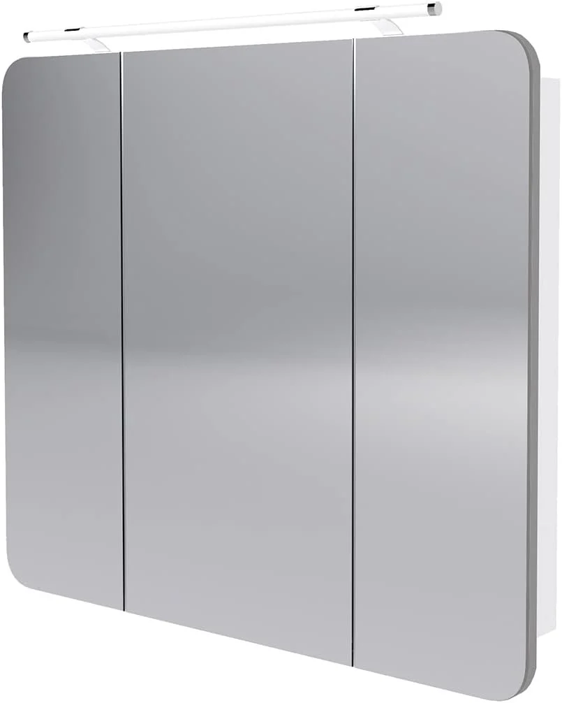 BadeDu Spiegelschränke, 90 cm, Weiß/Grau, NES LED-Spiegelschrank in Weiß, 3 Türen, 6 Glaseinlegeböden, Drehbare LED-Aufsatzleuchte