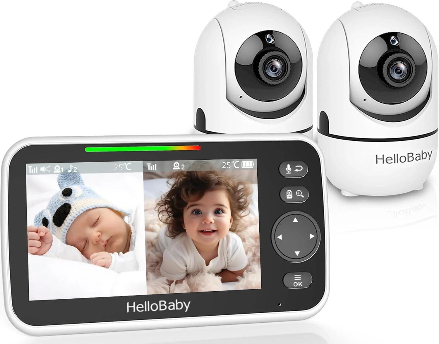 HelloBaby Babyphone mit 2 Kameras, HB6550-2, 3500 mAh Akku, Kein WLAN, 5' Split-Screen, Kabelgebundene Kamera, 355°/120° Schwenken-Neige Babyphone